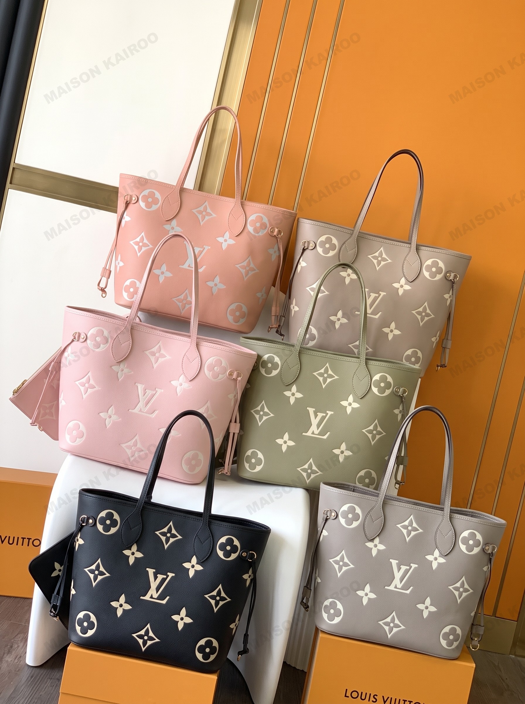 【10A】Louis Vuitton LV Neverfull MM Bicolor Giant Logo Monogram Empreinte Leather Tote Bag With Pouch - KAIROO