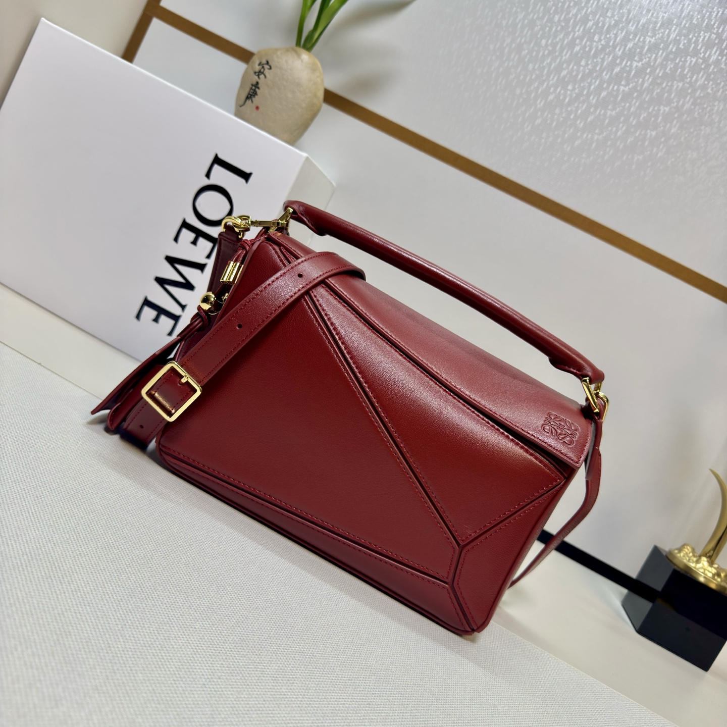 Loewe Small Featherlight Puzzle bag in nappa lambskin- Caramel Red