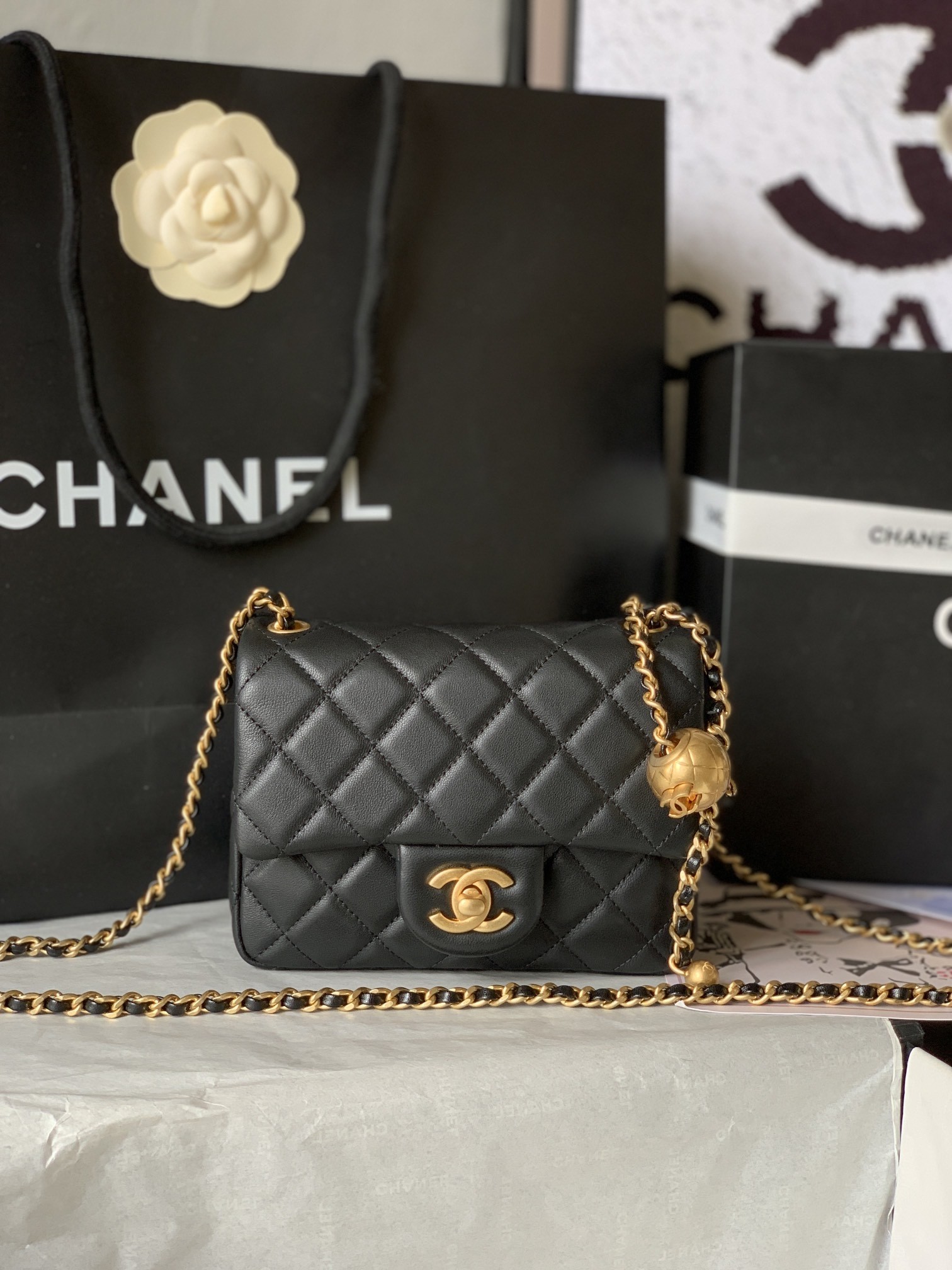 Chanel Mini Square CF 17CM Gold Ball Pearl Crush Quilted Leather Flap Chain Shoulder Bag - KAIROO