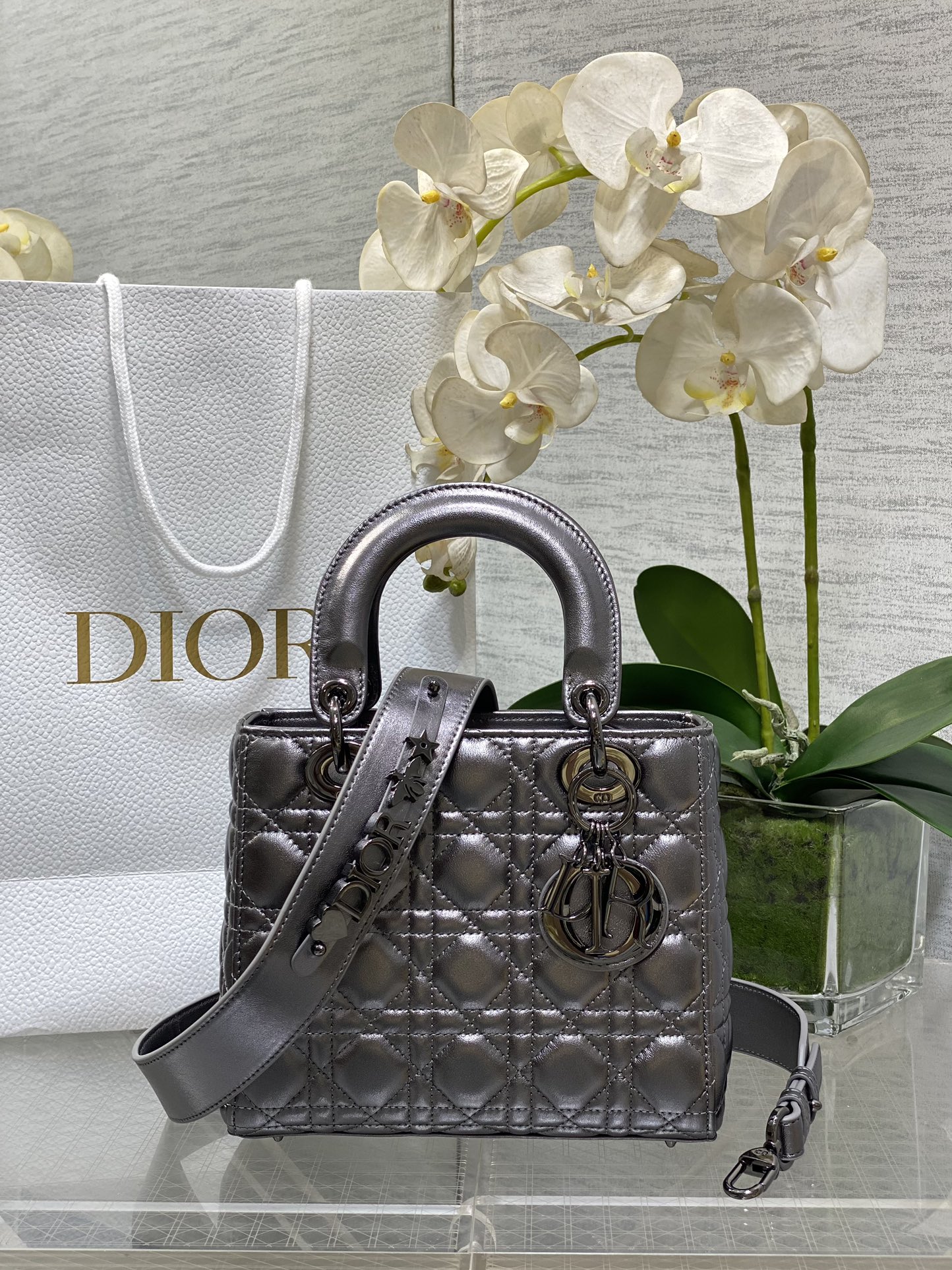 Small Lady Dior My ABC Bag in Metallic Gunmetal  Cannage Lambskin