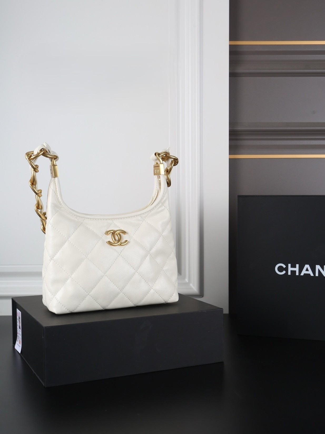 Chanel 24A Small Quilted Interlaced Leather Chunky Chain Strap Sleek Hobo Shoulder Bag - KAIROO