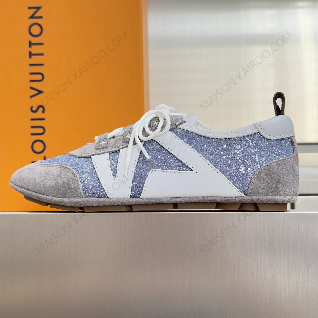 Louis Vuitton LV Monogram Glitter Grey Blue Suede Leather Side Run Away Low Top Ballet Sneakers - KAIROO