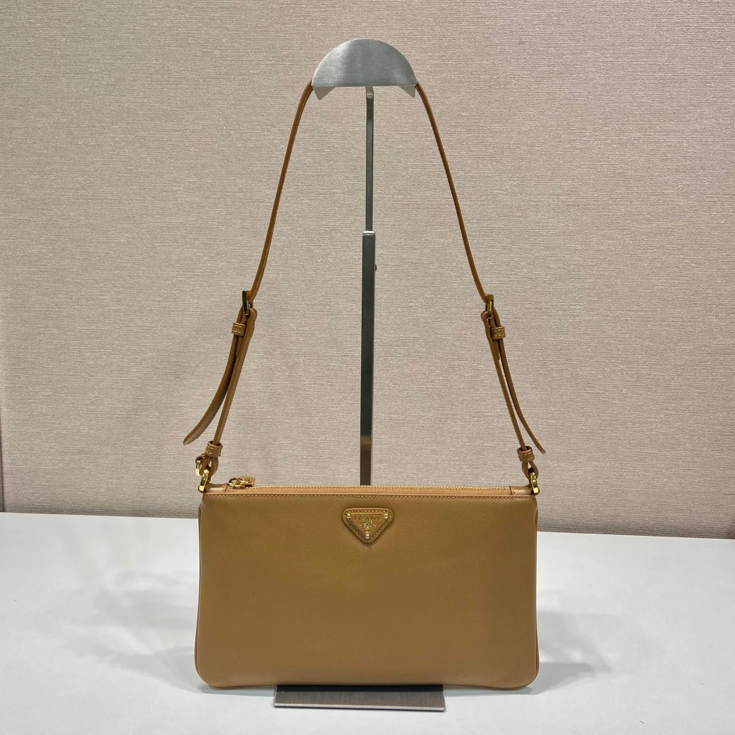 Prada TRIANGLE LOGO SHOULDER BAG 24 IN PEANUT BROWN SMOOTH CALFSKIN