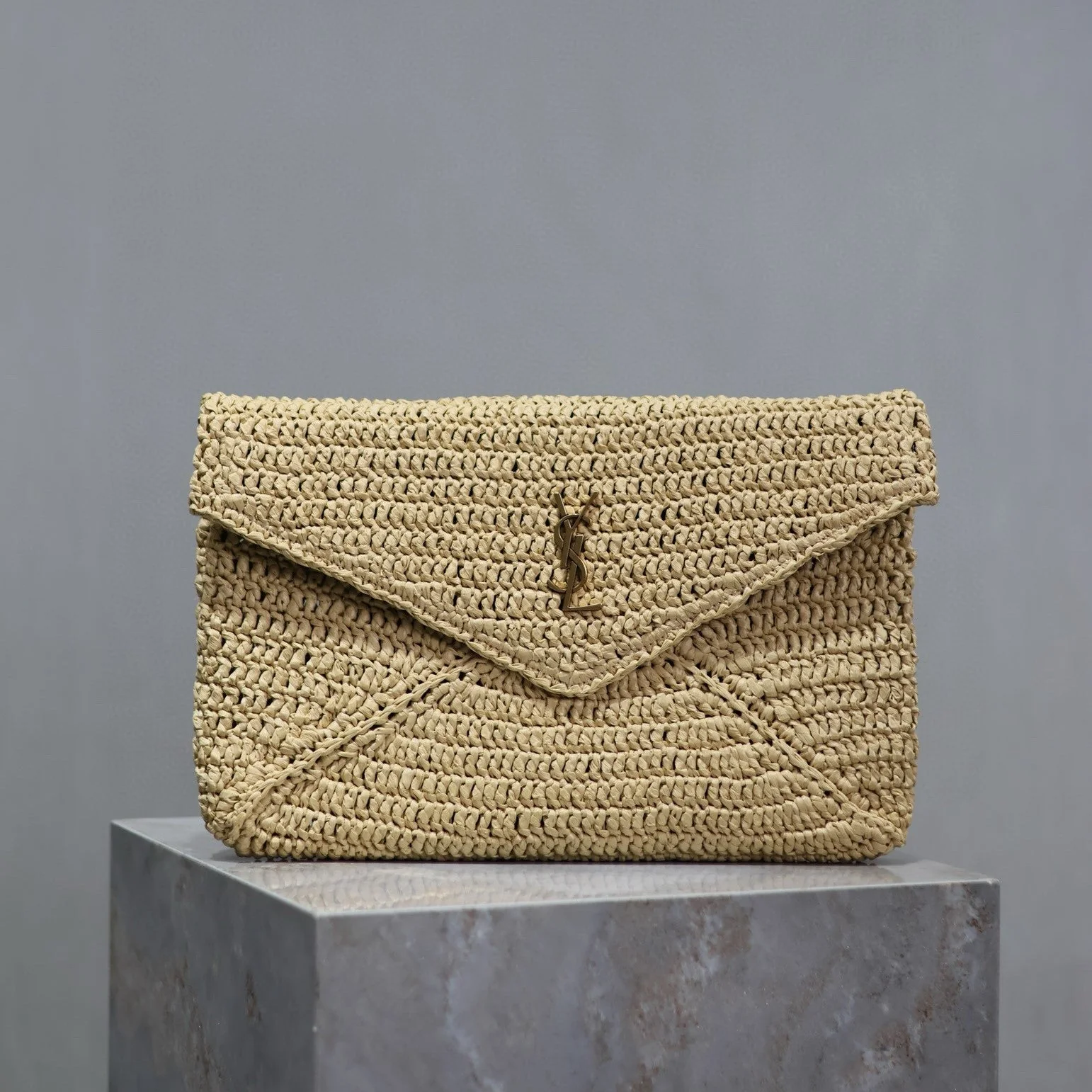 Saint Laurent YSL Envelope Clutch 29cm Beige Raffia Leather