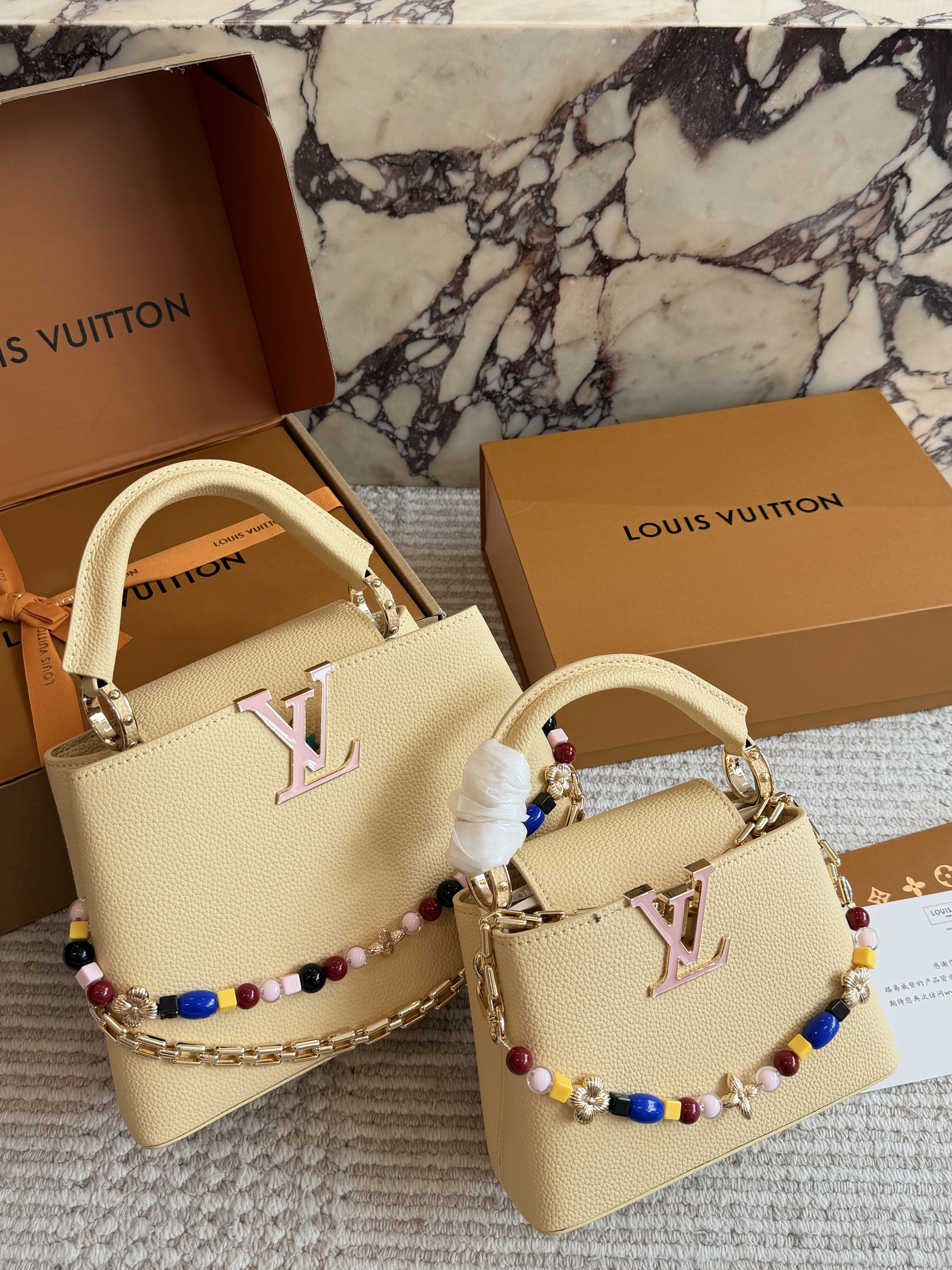 Louis Vuitton LV Capucines BB/Mini Yellow Grained Leather Pink Logo Beaded Chain Top Handle Bag - KAIROO