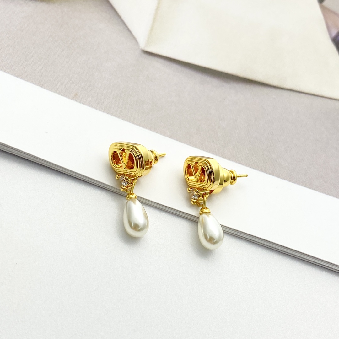 Valentino Gold V Logo Teardrop Pearl Stud Earrings