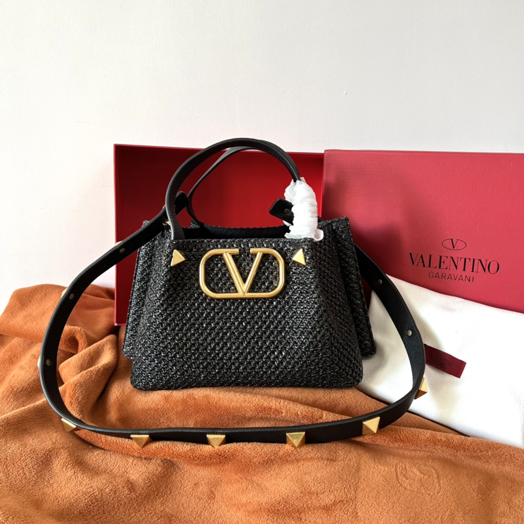 Valentino Garavani Small Tote in Black Raffia
