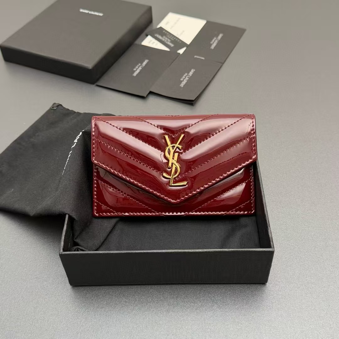 Saint Laurent Rouge Cabernet Cassandre Card Case in Patent Leather