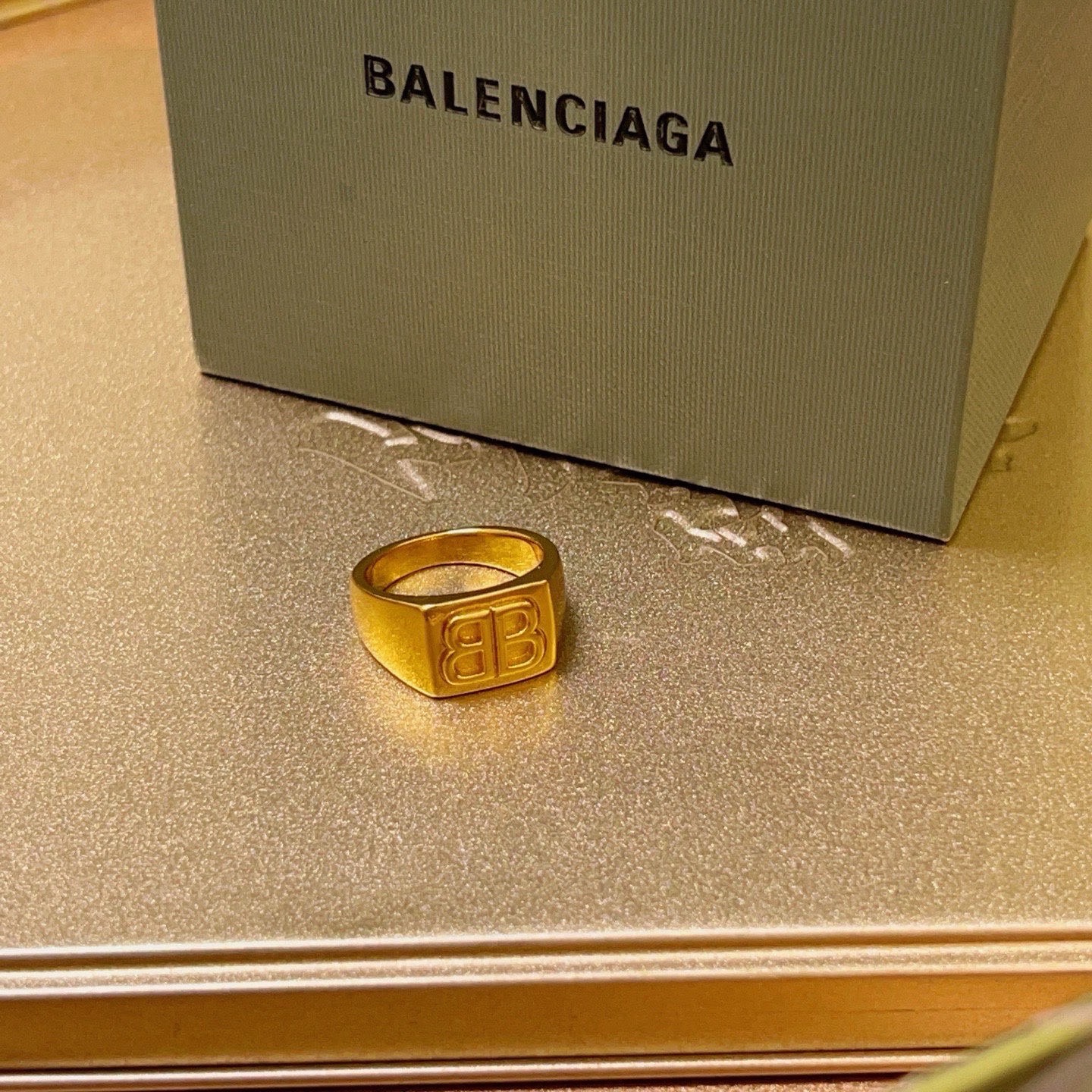 Balenciaga BB Icon Embossed Square Face Gold Tone Signet Ring - KAIROO