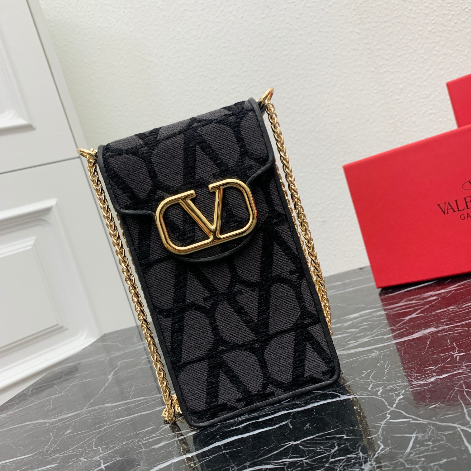 Valentino Toile Iconographe Grey Canvas Leather VLogo Signature Chain Mini Vertical Phone Pouch Bag - KAIROO