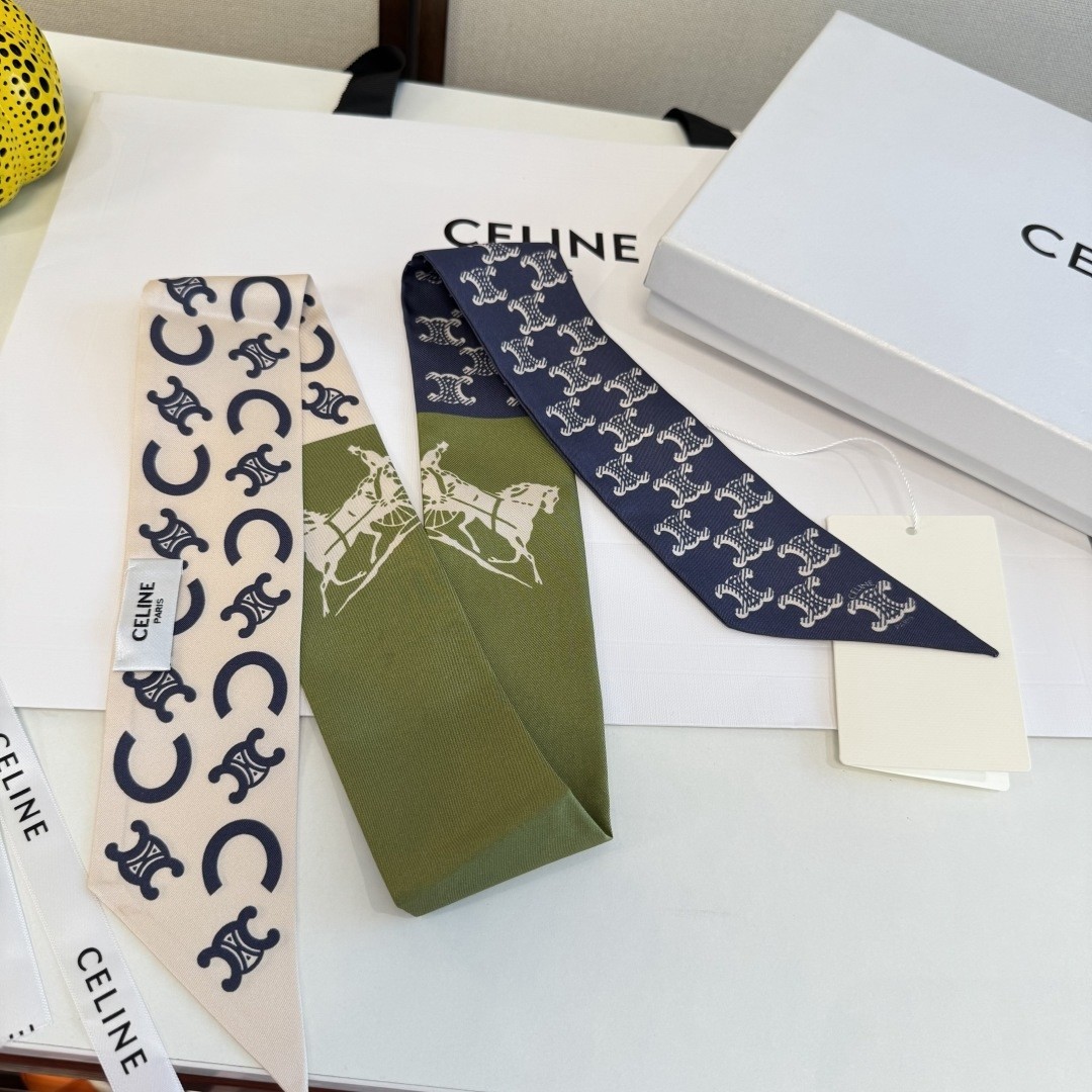 Celine Navy Blue Green Carriage Monogram Print Silk Twill Skinny Scarf - KAIROO