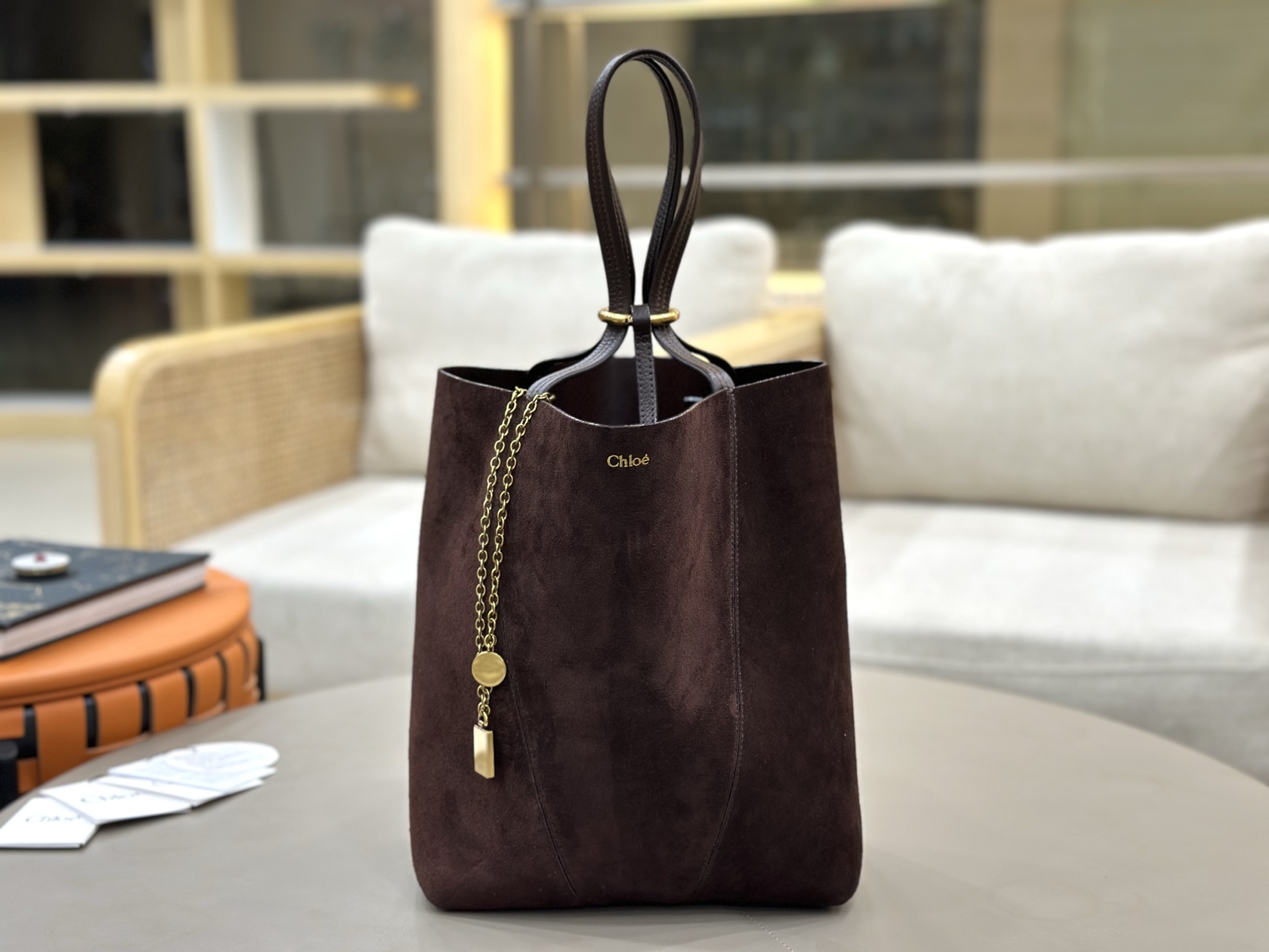 Chloe Medium Spin Tote bag in Suede leather-Crafty Brown