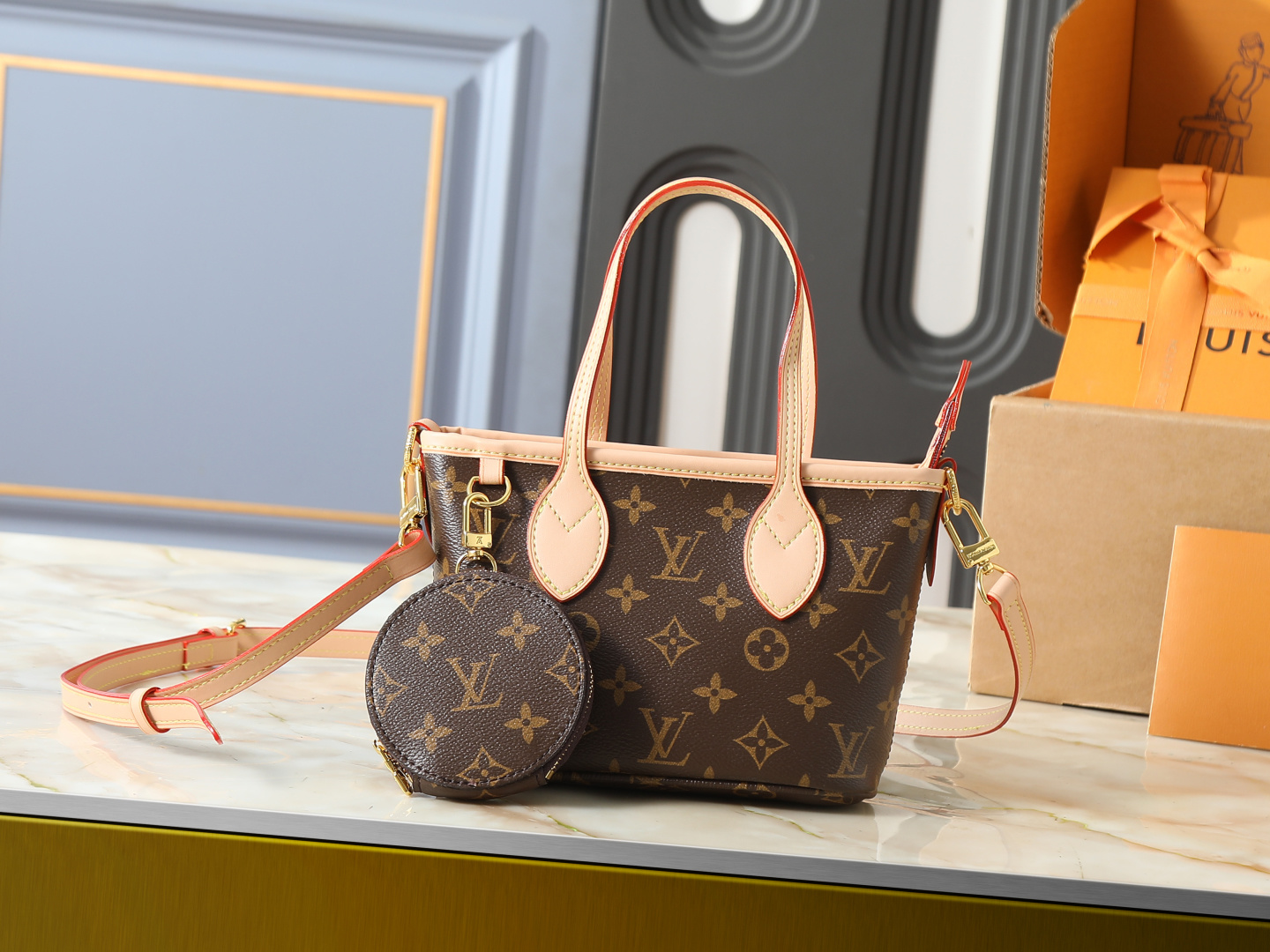 Louis Vuitton LV Neverfull BB Monogram Canvas Vachetta Trim Shoulder Mini Tote Bag With Round Purse - KAIROO