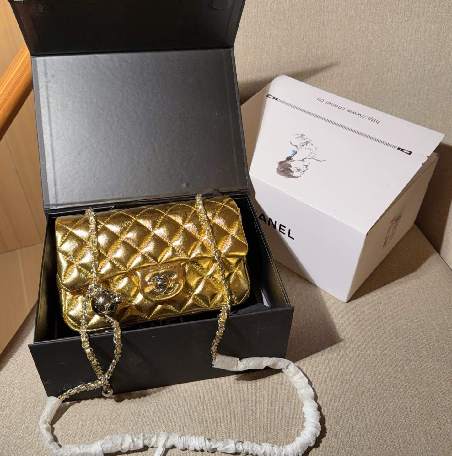 Chanel Mini CF 20CM Gold & Silver Ball Pearl Crush Quilted Metallic Leather Chain Flap Shoulder Bag - KAIROO