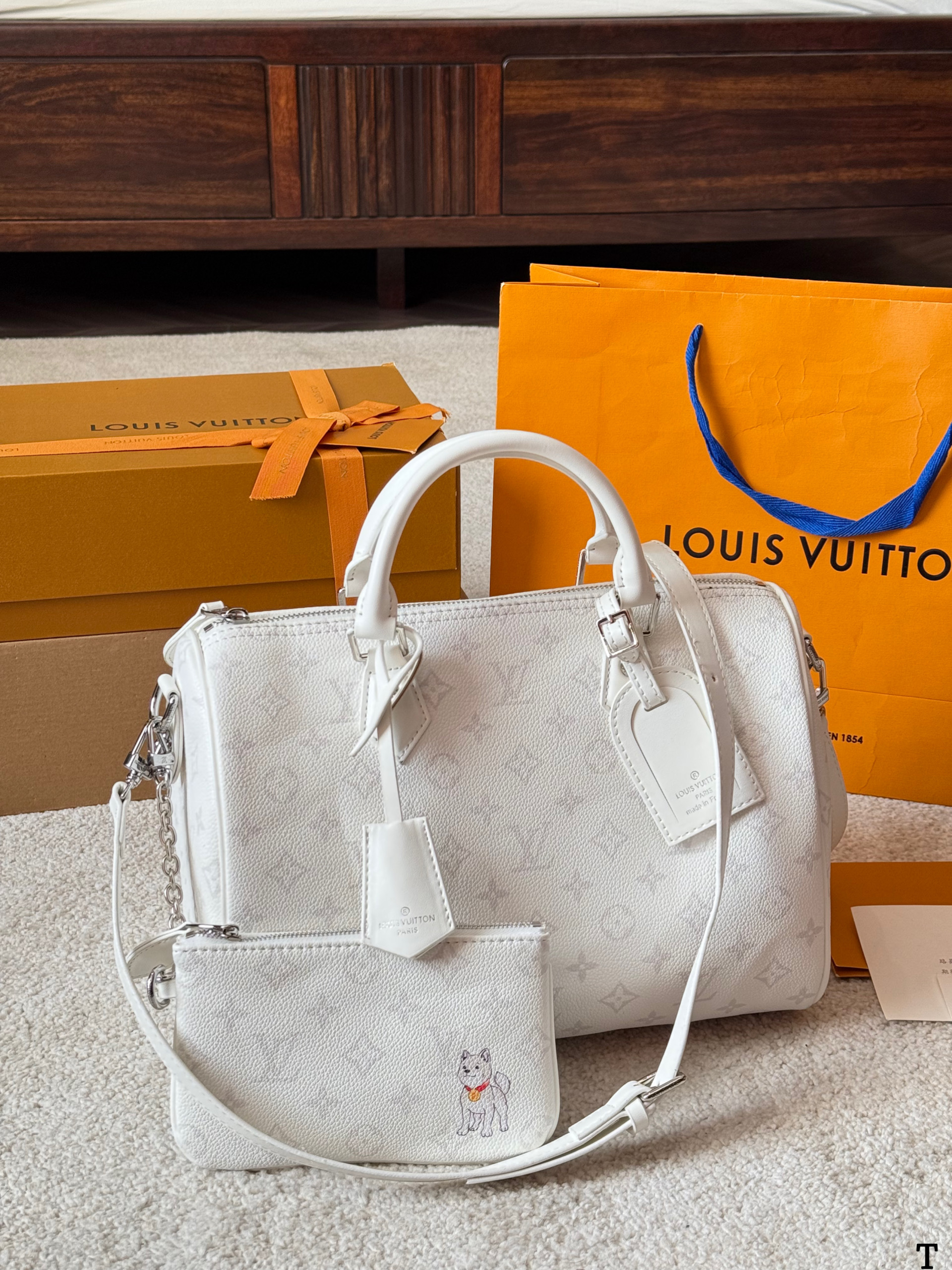 Louis Vuitton LV Speedy 30 P9 White Monogram Leather Dog Embroidery Pouch Boston Top Handle Bag - KAIROO