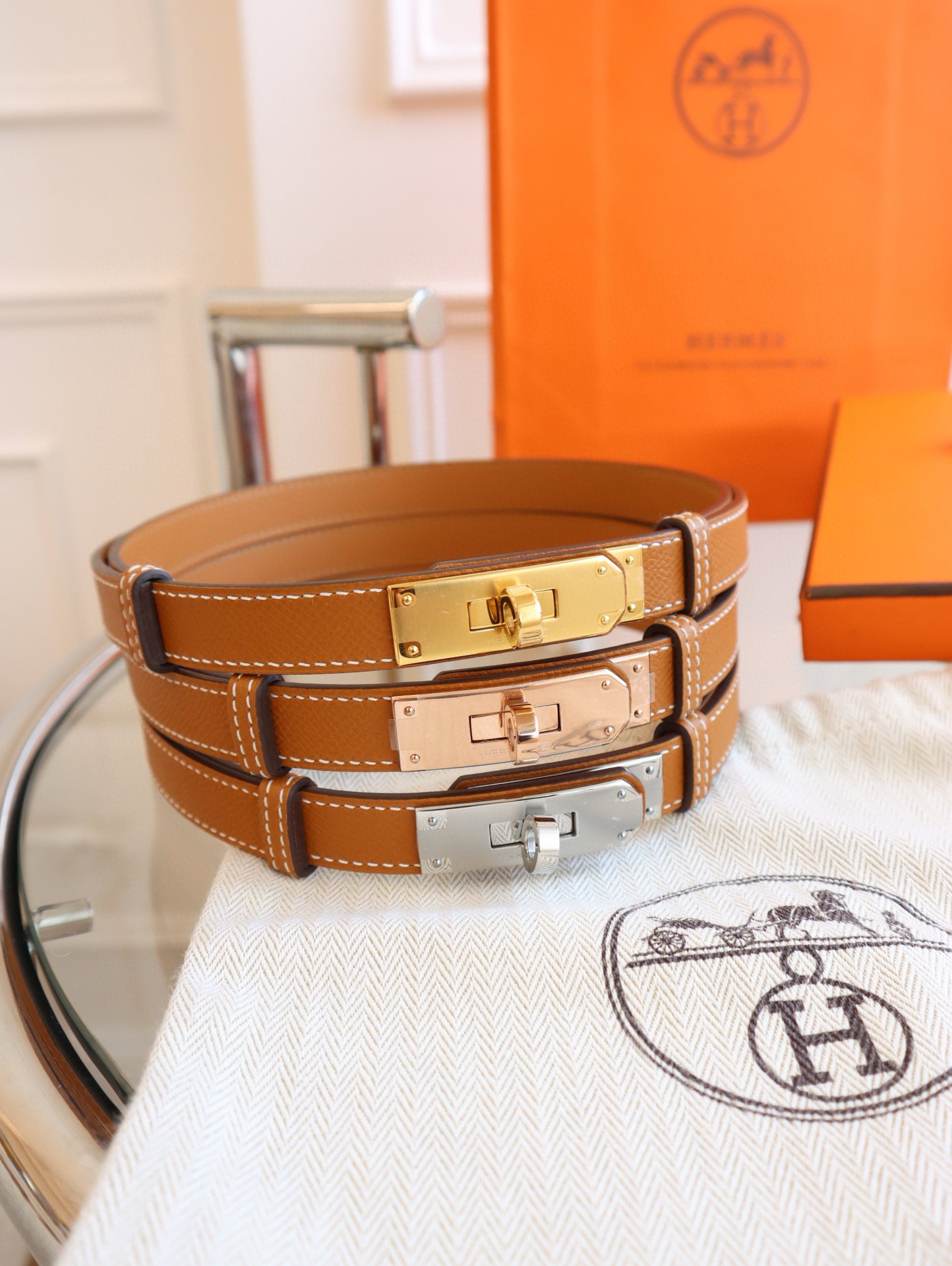 Hermes Gold Kelly Mini leather Belt 18mm
