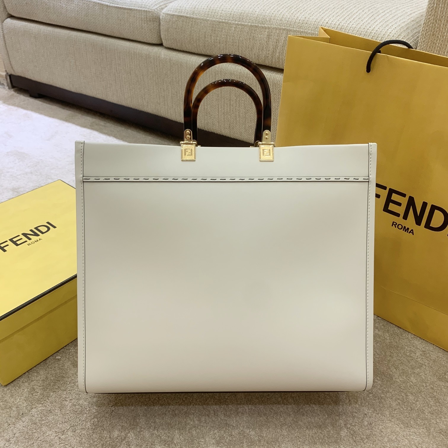 Fendi White Large Sunshine Tote with Tortoiseshell Handles and Roma Logo - KAIROO