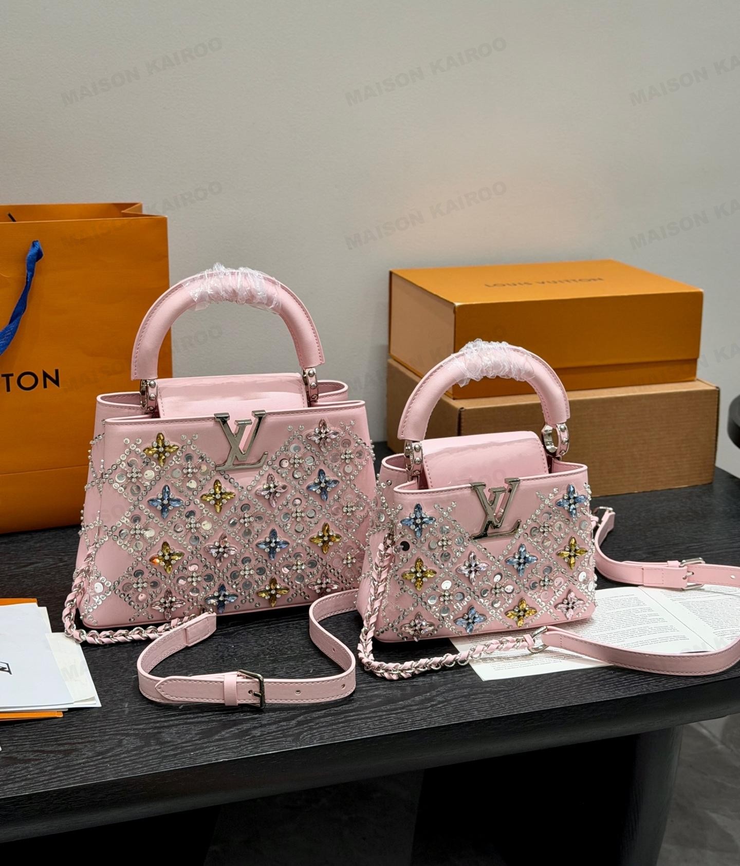 Louis Vuitton LV Capucines BB/Mini Pink Multicolor Crystal Diamond Embellished Leather Top Handle Bag - KAIROO