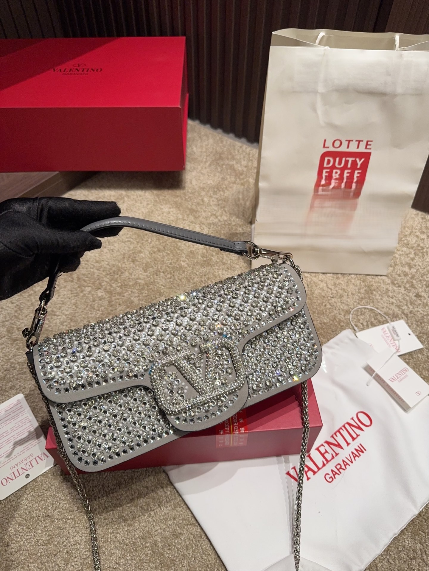 Valentino Garavani Locò Grey Suede All-over Crystal VLogo Flap Chain Rectangular Shoulder Bag - KAIROO