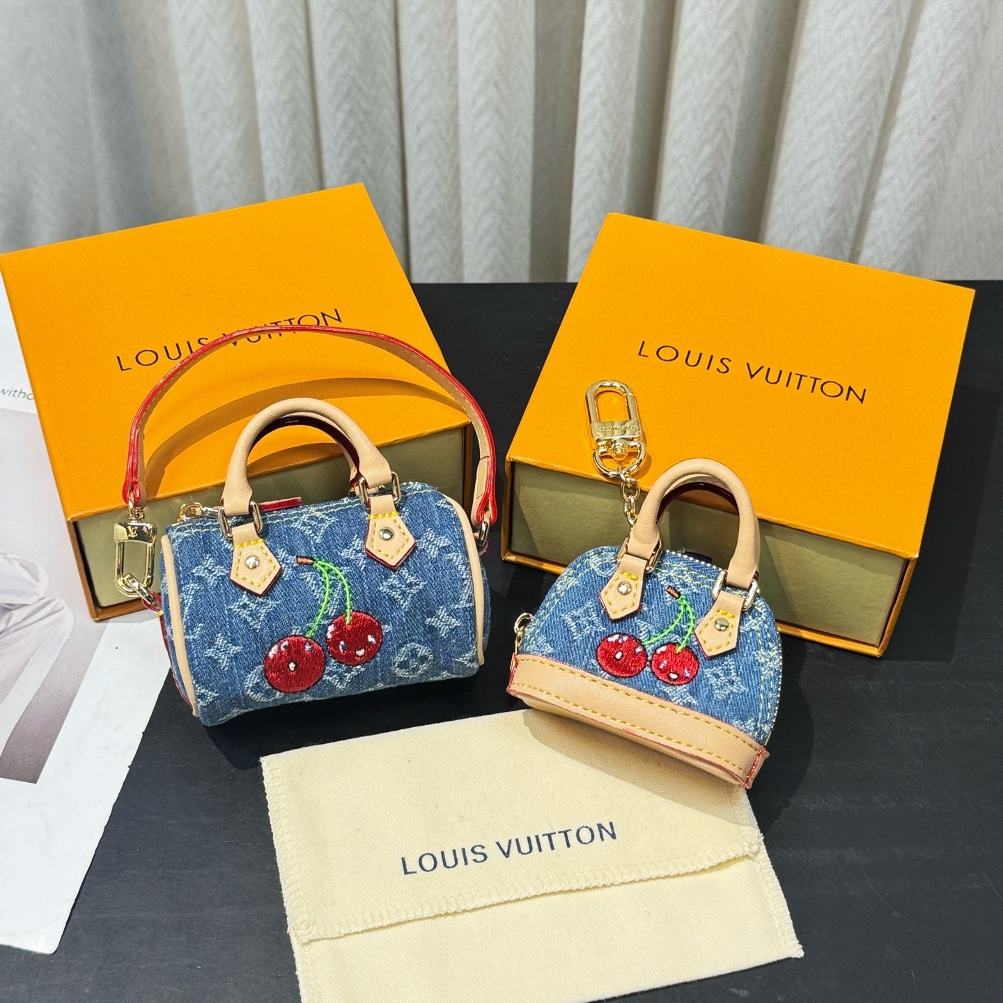 Louis Vuitton LV x TM LV Micro Denim Cherry Embroidered Speedy & Alma Dome Bag Charms Key Holder - KAIROO