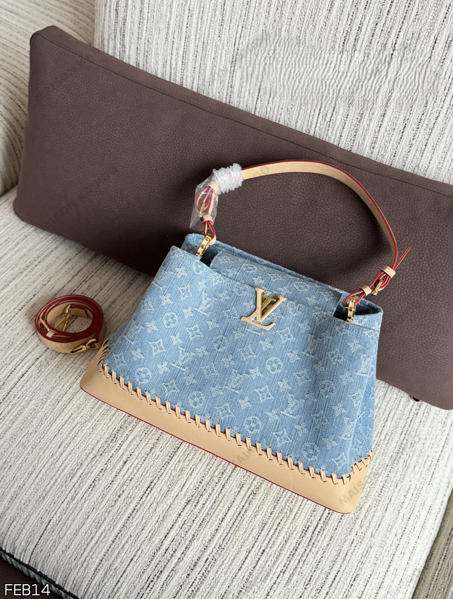 Louis Vuitton LV Capucines Weekender Monogram Denim Blue Vachetta Stitch Hobo Tote Top Handle Bag - KAIROO