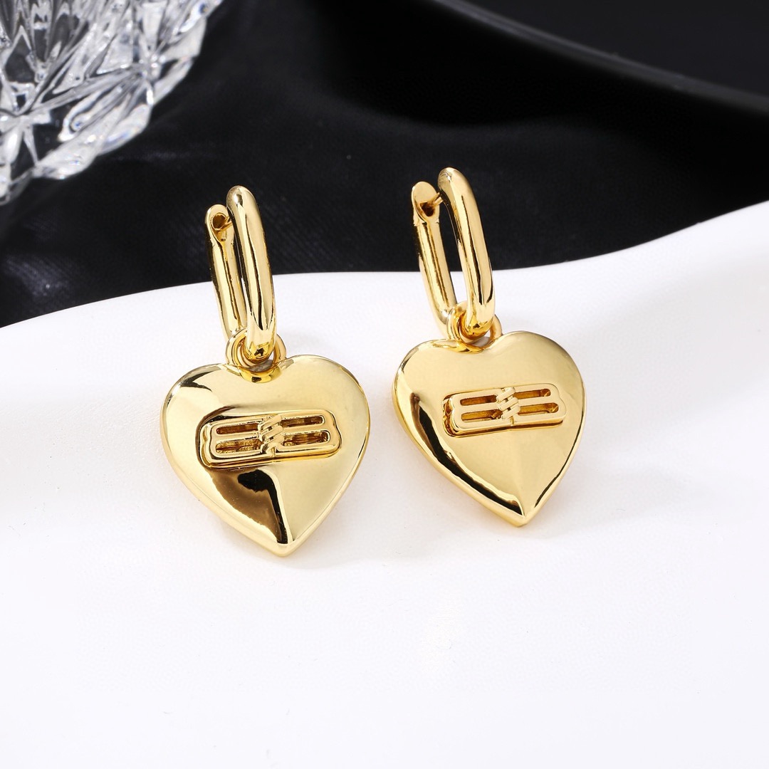 Balenciaga BB Icon Embossed Puffy Heart Hoops Gold Tone Drop Earrings - KAIROO