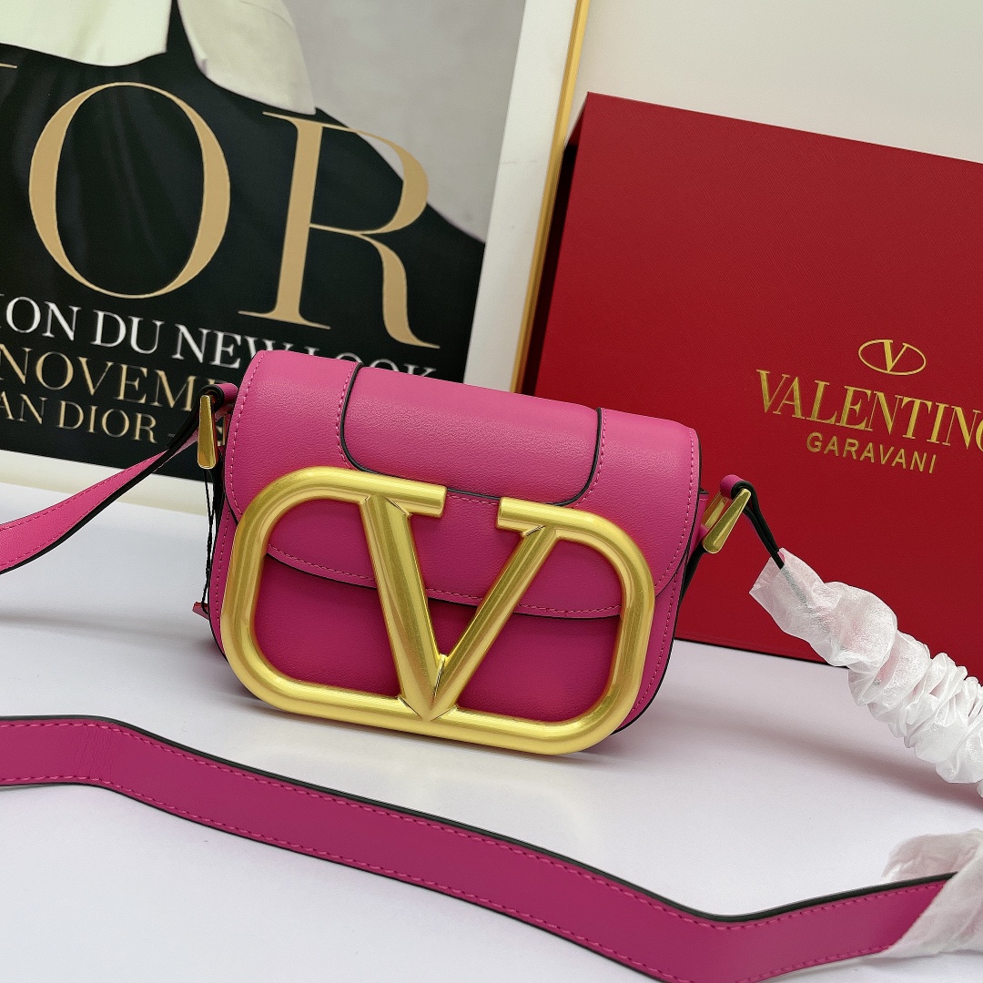 Valentino Mini& Small Oversized VLogo Signature Fuchsia Pink Leather Maxi Gold Hardware Flap Shoulder Bag - KAIROO