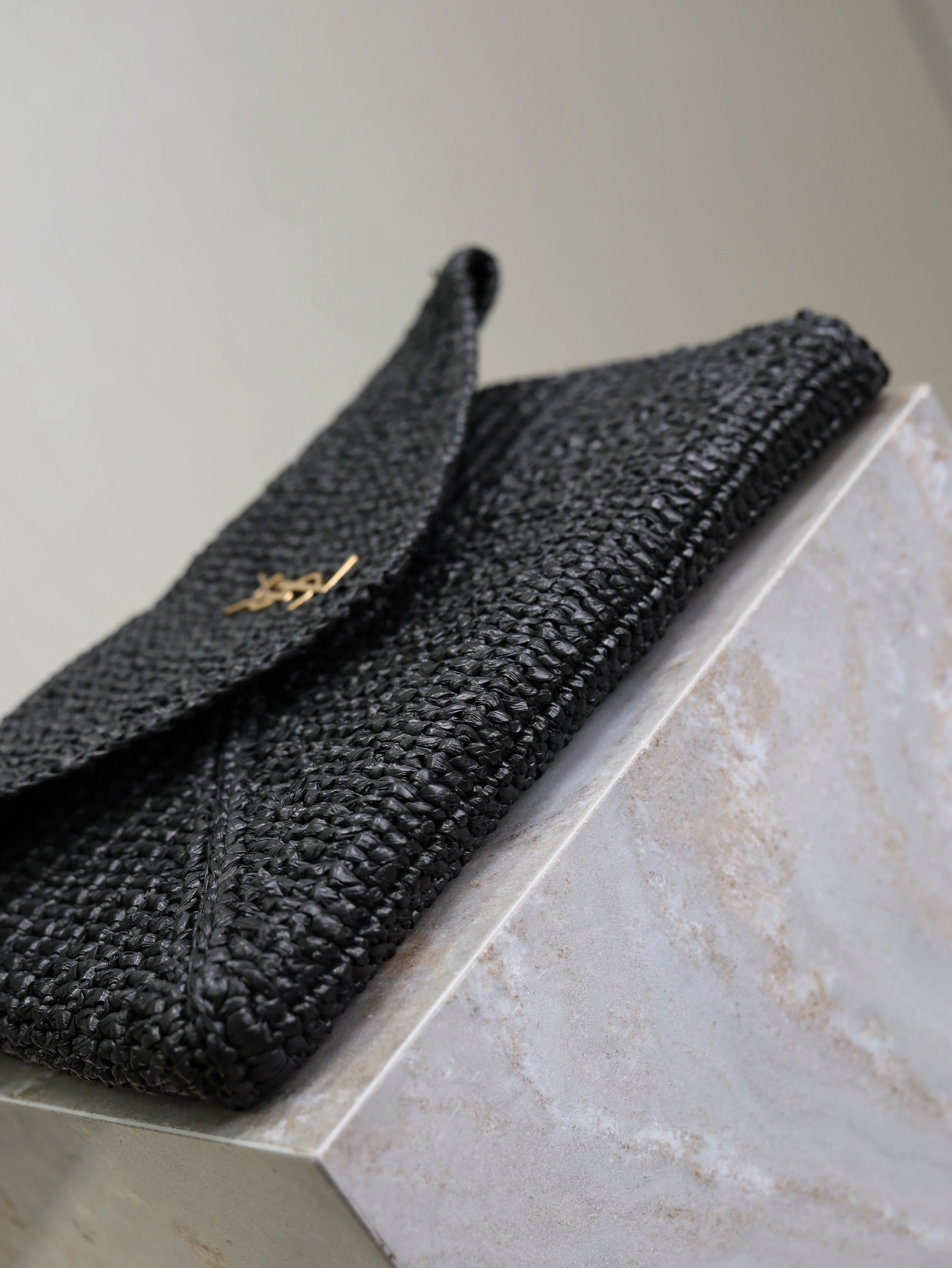 Saint Laurent YSL Envelope Clutch 29cm Black Raffia Leather