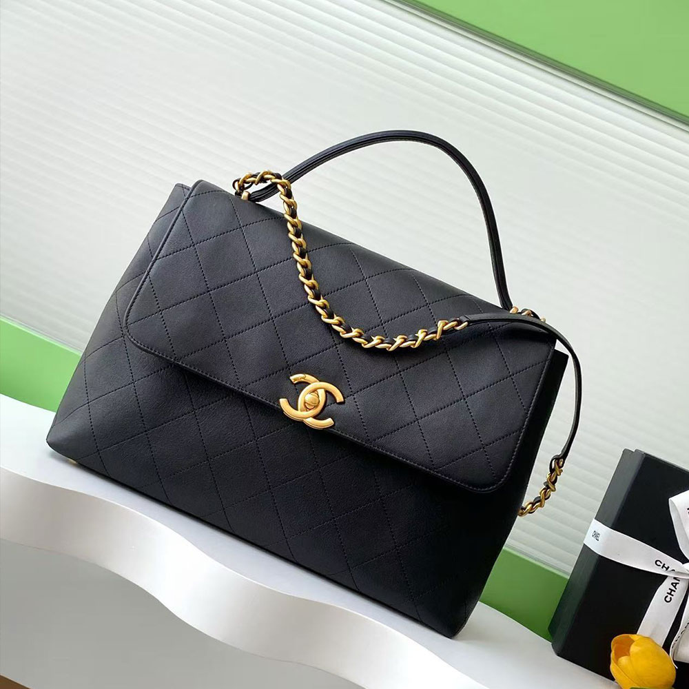 Chanel Black Leather Large Flap Bag with Top Handle