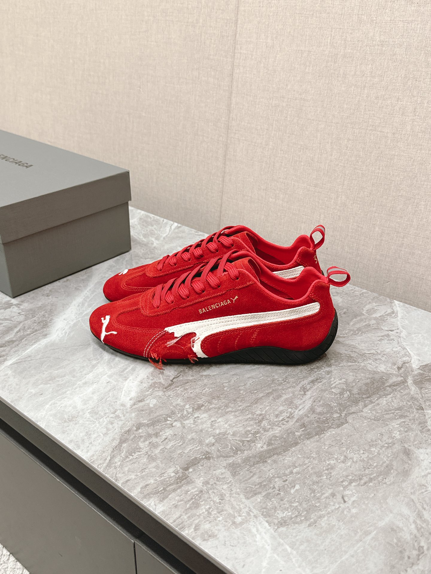 Balenciaga x Puma Red Worn-Out Broken Logo Leather Suede Speed GAT Sneakers - KAIROO