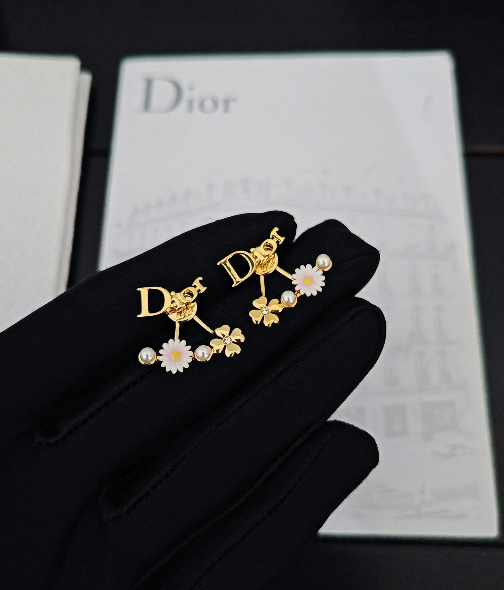 Dior CD Pink Flower Fan Stud Earrings