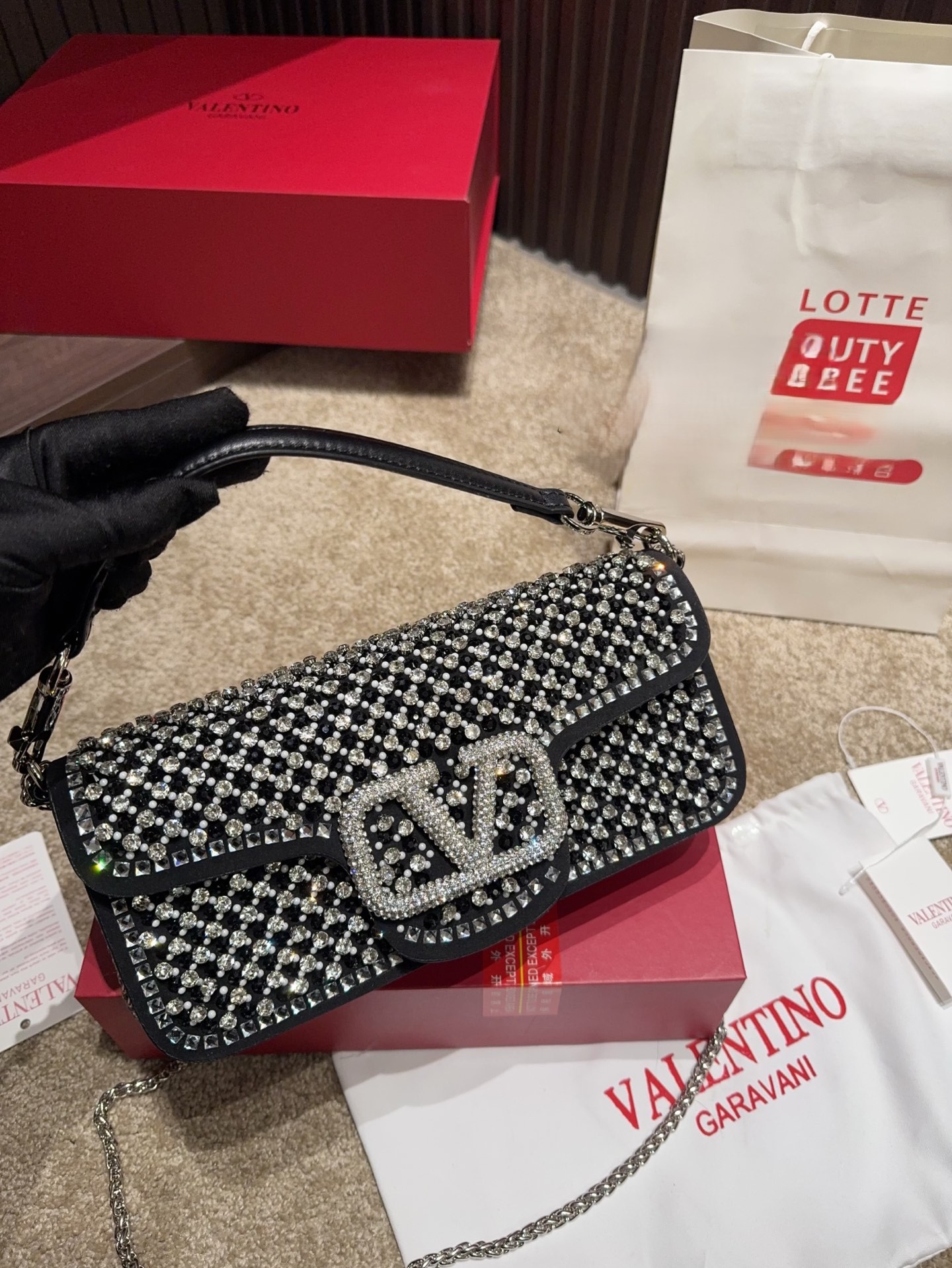 Valentino Garavani Locò Black Suede All-over Crystal VLogo Flap Chain Rectangular Shoulder Bag - KAIROO