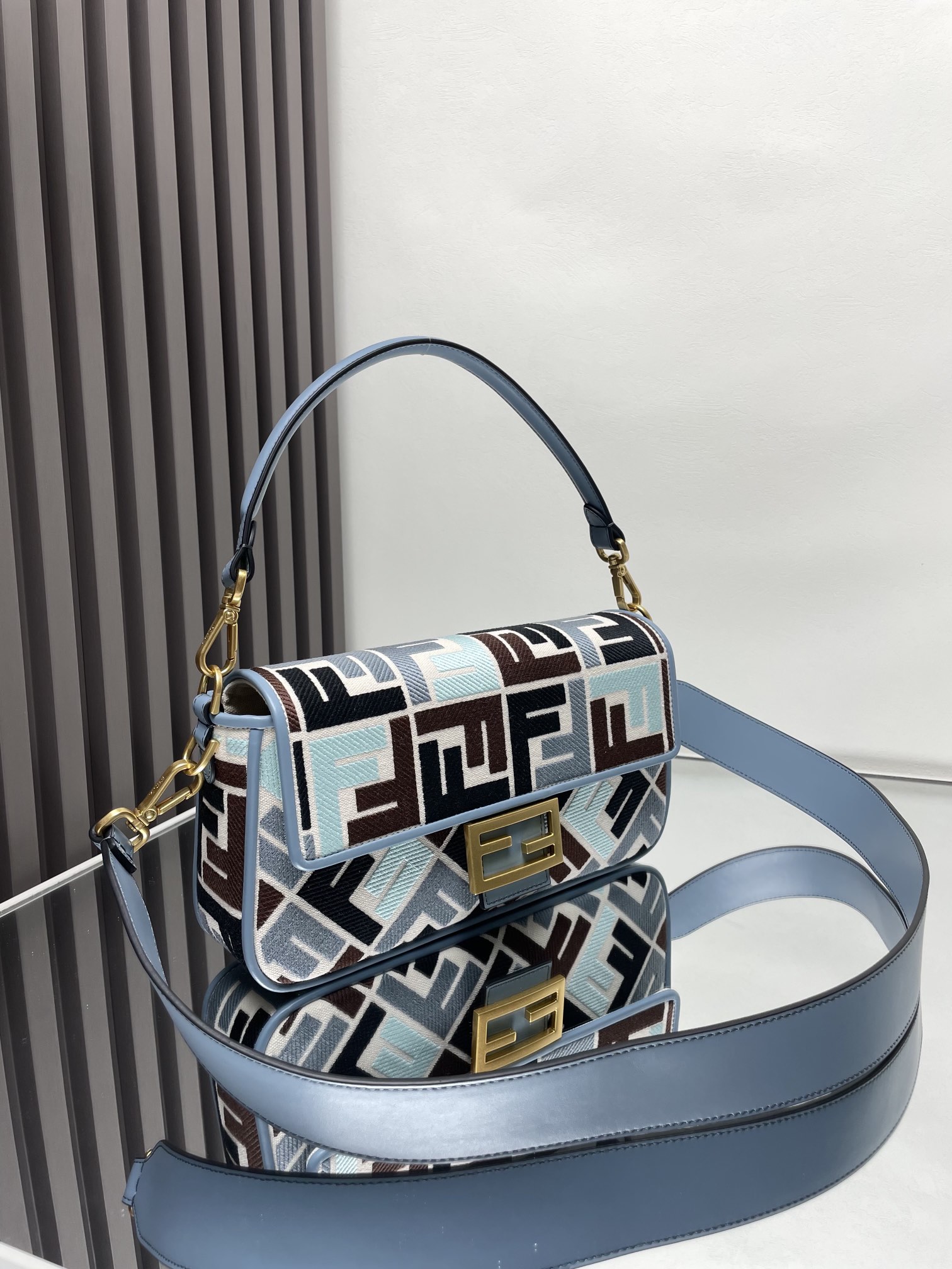 Fendi Multicolor Light Blue Leather FF Embroidered Baguette Shoulder Bag - KAIROO