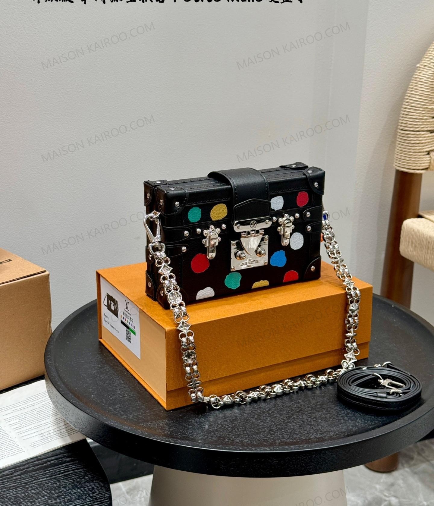 Louis Vuitton LV x YK Petite Malle Trunk Multicolor Polka Dot Leather Silver Logo Chain Crossbody Bag - KAIROO