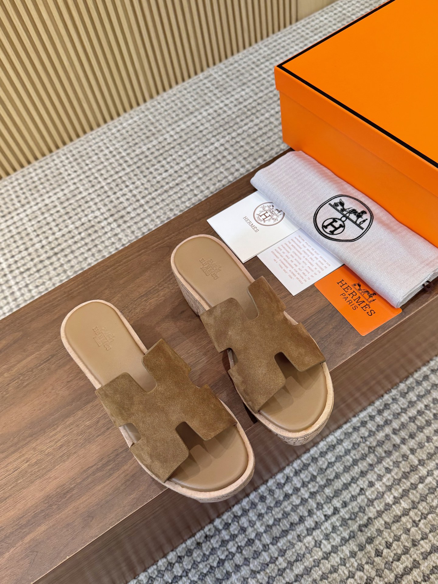 Hermes Brown Suede Leather H-Cutout Cork Sole Slide Sandal - KAIROO