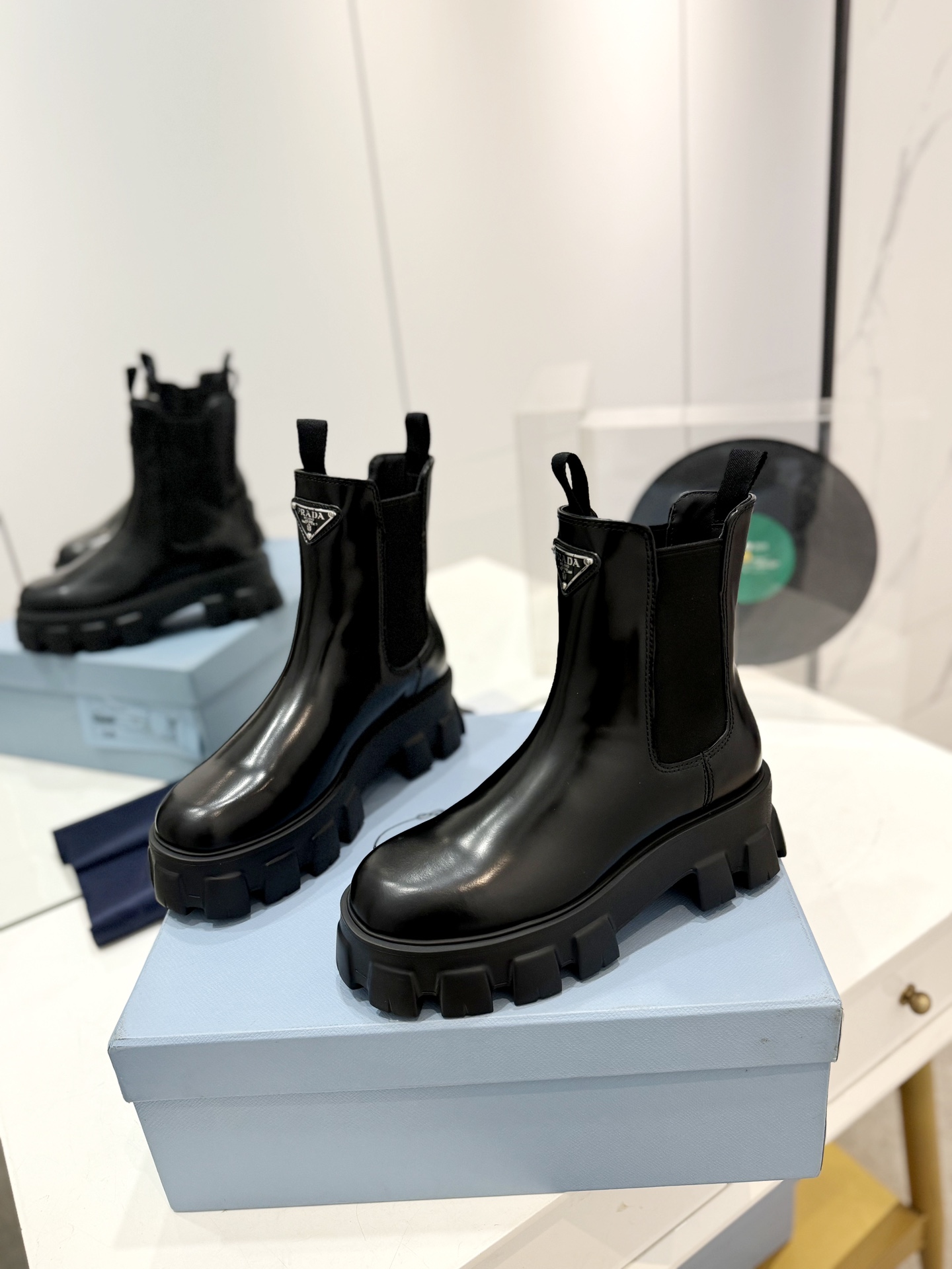 Prada Unisex Leather Anklet Boots in Black