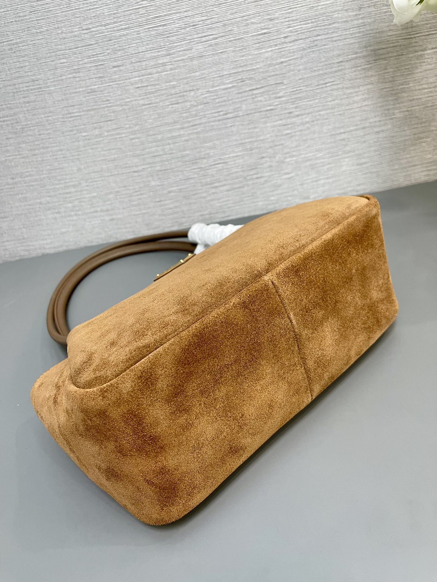 Prada SHOULDER BAG 28 IN TAWNY BROWN SUEDE GOLD LOGO