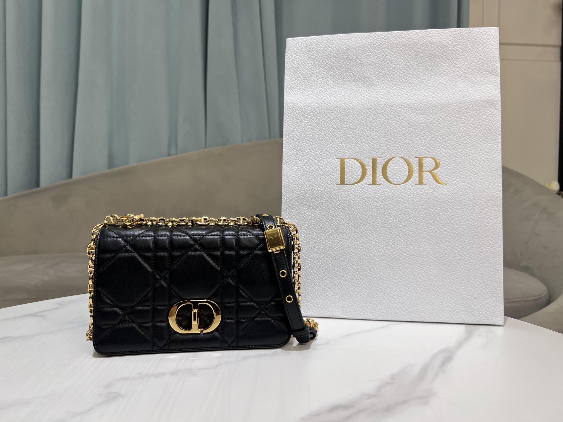 Small Soft Dior Caro in Black Quilted Lambskin