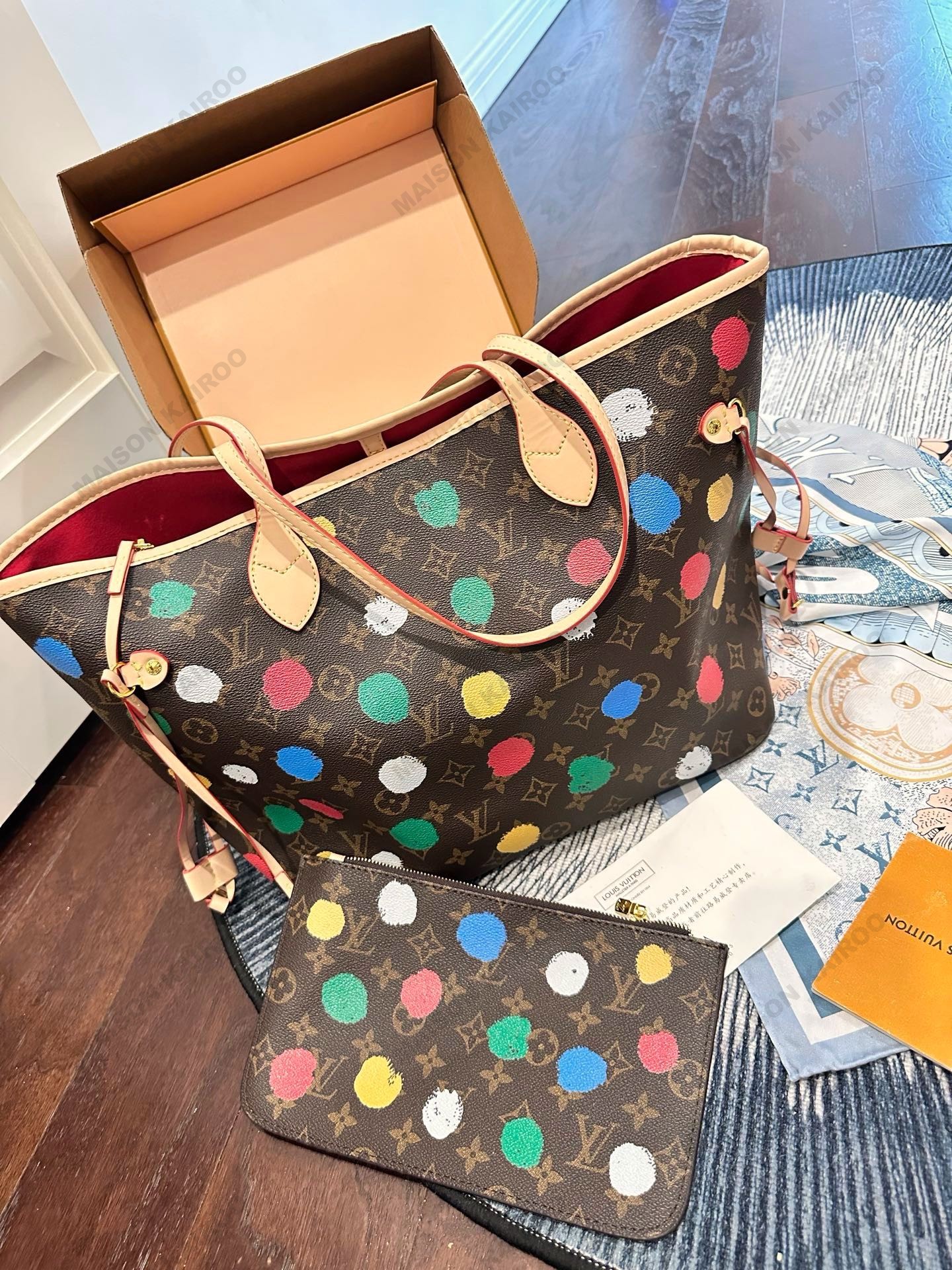 Louis Vuitton LV x YK Neverfull MM Multicolor Painted Dot Monogram Canvas Shopping Tote Bag With Pouch - KAIROO