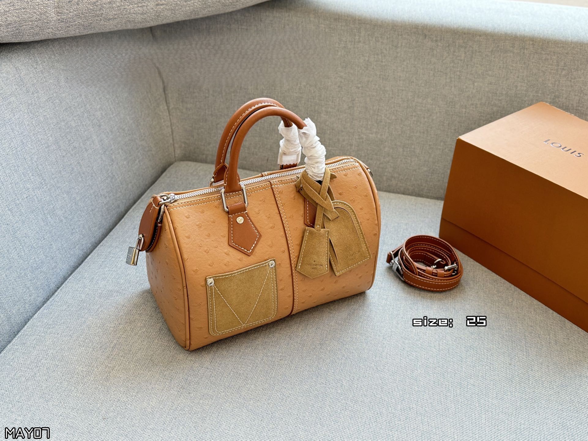 Louis Vuitton LV Speedy 25 Ostrich Leather Suede Patch Pocket Boston Top Handle Bag - KAIROO