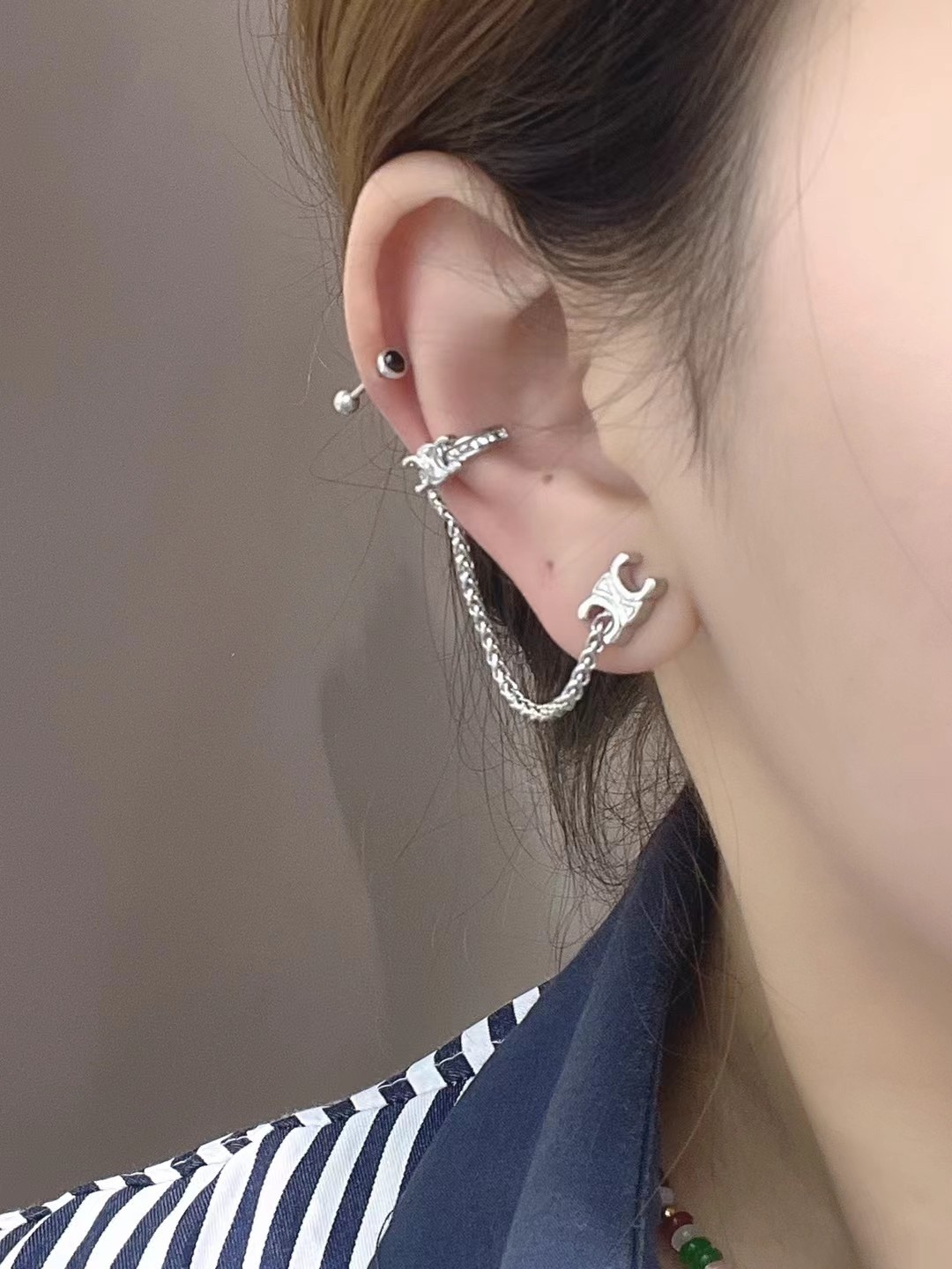 Celine Triomphe Pave Crystal Logo Connected Chain Ear Cuff and Stud Earring - KAIROO