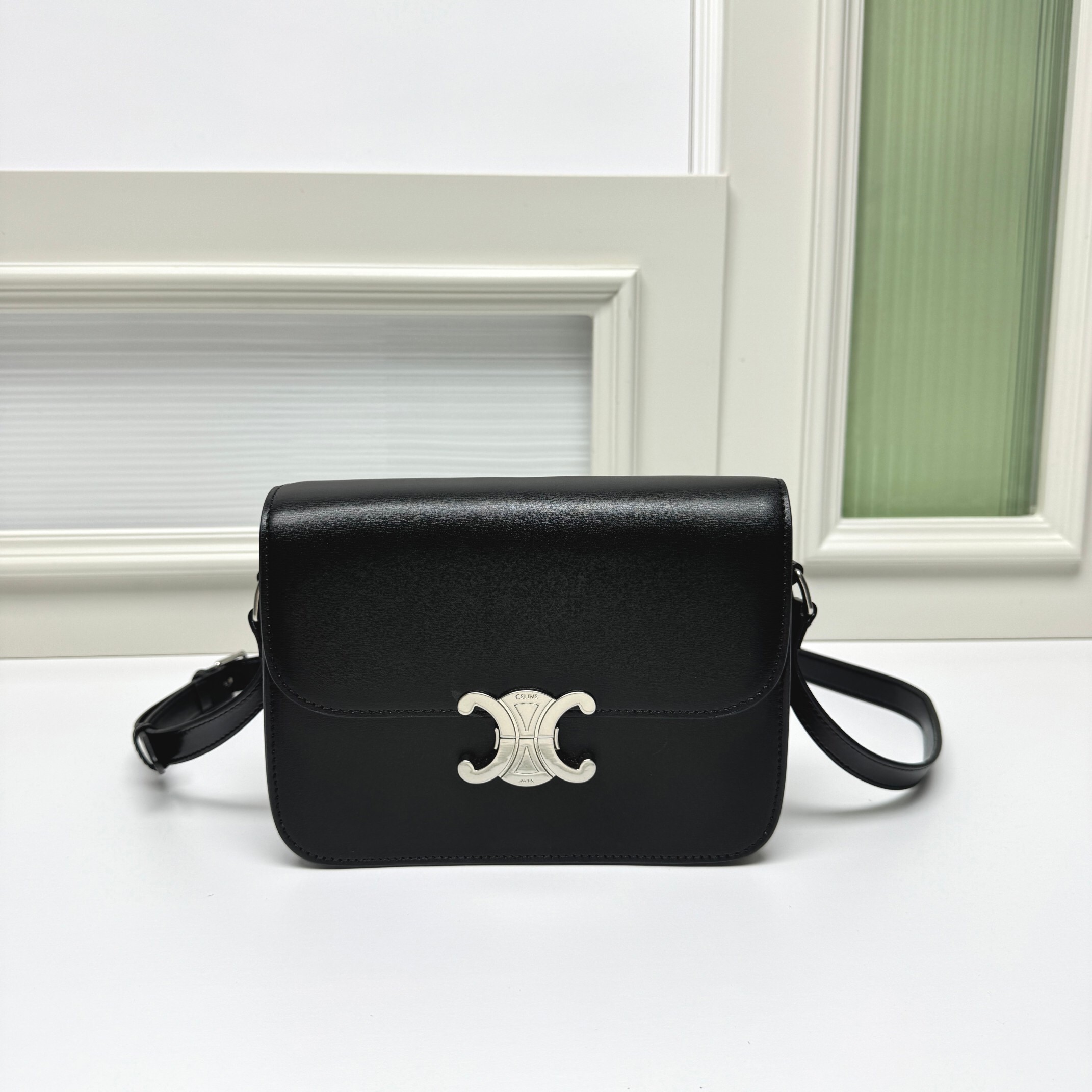 Celine Medium Leather Metal Triomphe Hardware Magnetic Buckle Flap Box Crossbody Bag - KAIROO