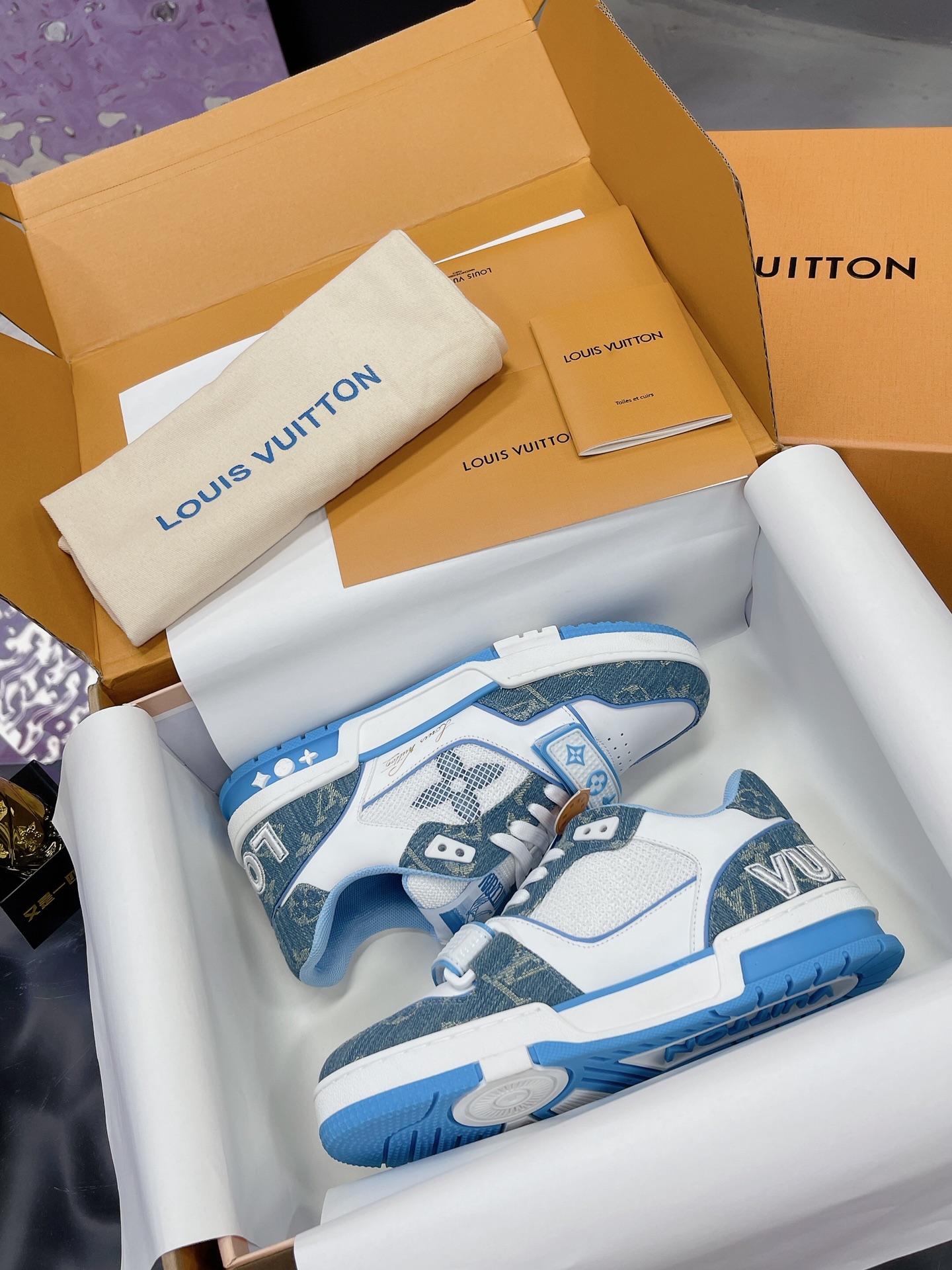Louis Vuitton Maxi Trainer Blue Monogram Denim Mesh Velcro Strap Low Top Skate Sneakers - KAIROO