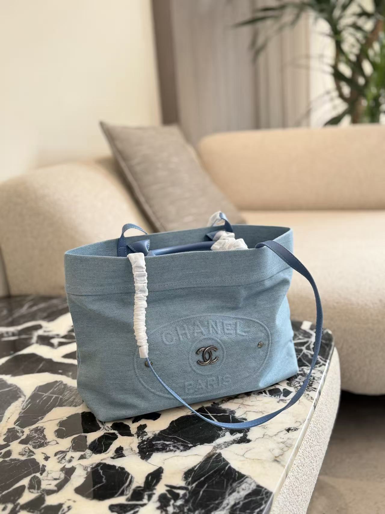 Chanel denim shopping bag