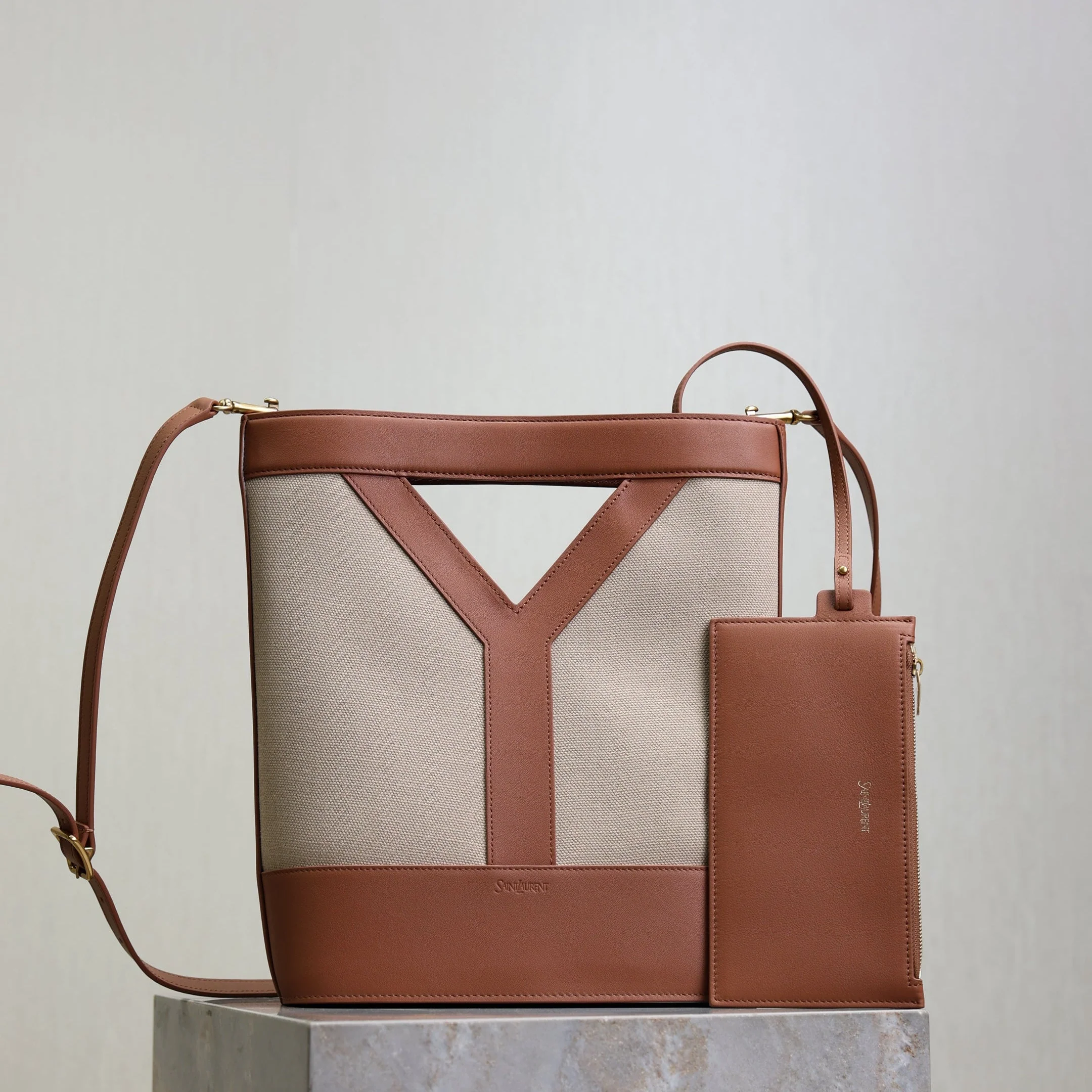 Saint Laurent YSL Small Bucket 23cm Caramel Beige Canvas Leather
