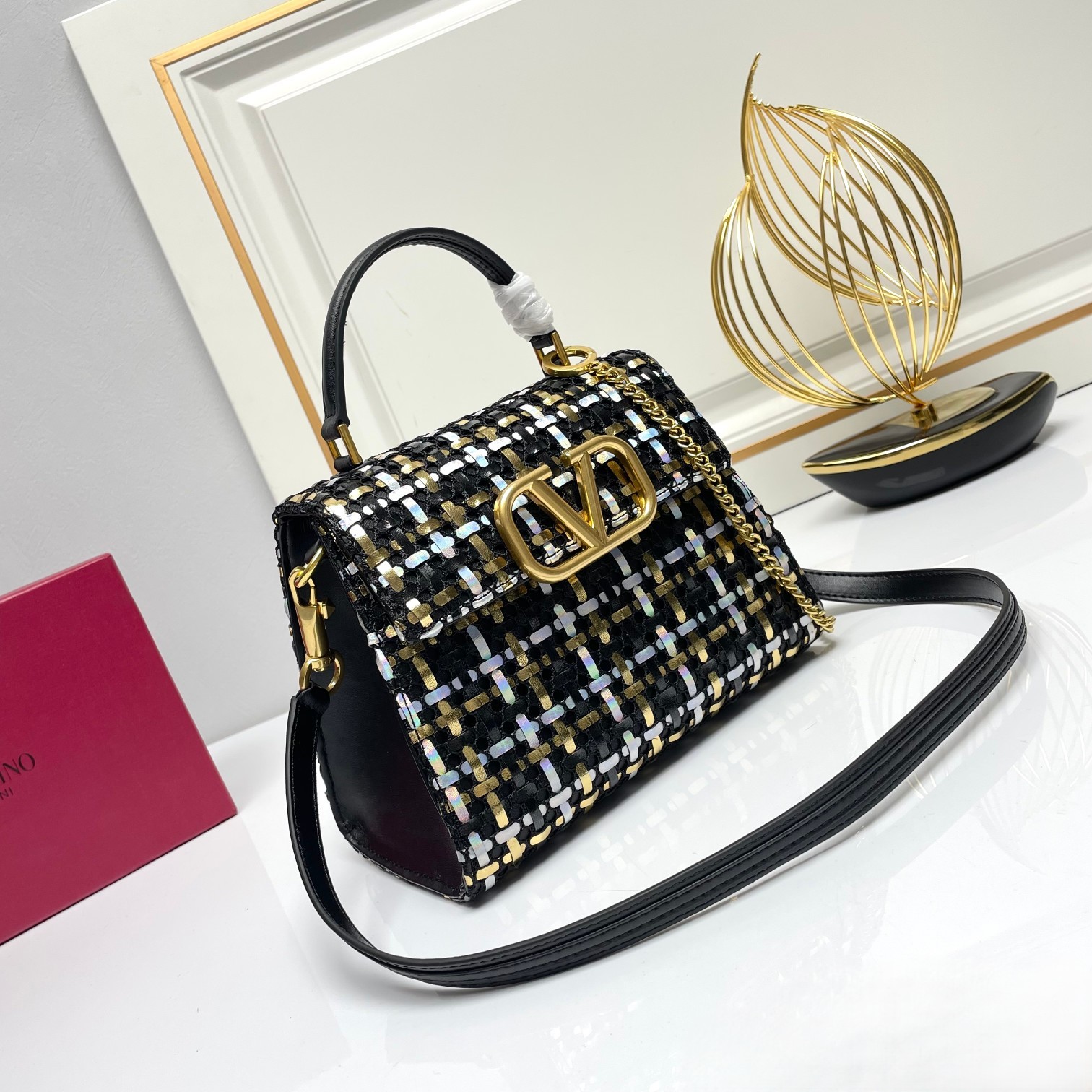 Valentino VLogo Signature Gold Silver Embroidered Woven Leather Top Handle Shoulder Crossbody Bag - KAIROO