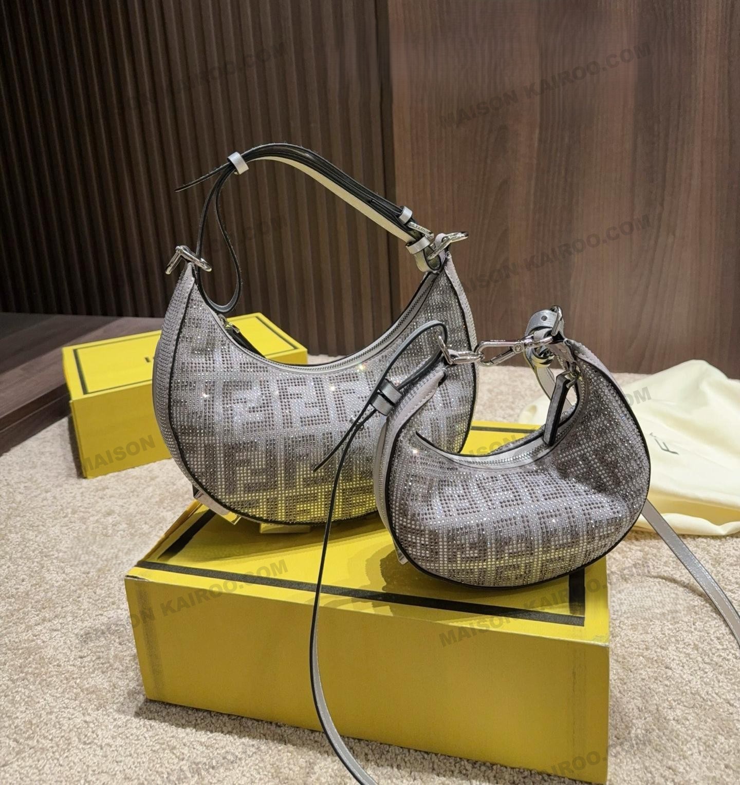 Fendi Fendigraphy FF Mini & Small Silver Crystal Rhinestone Leather Bottom Logo Shoulder Bag - KAIROO