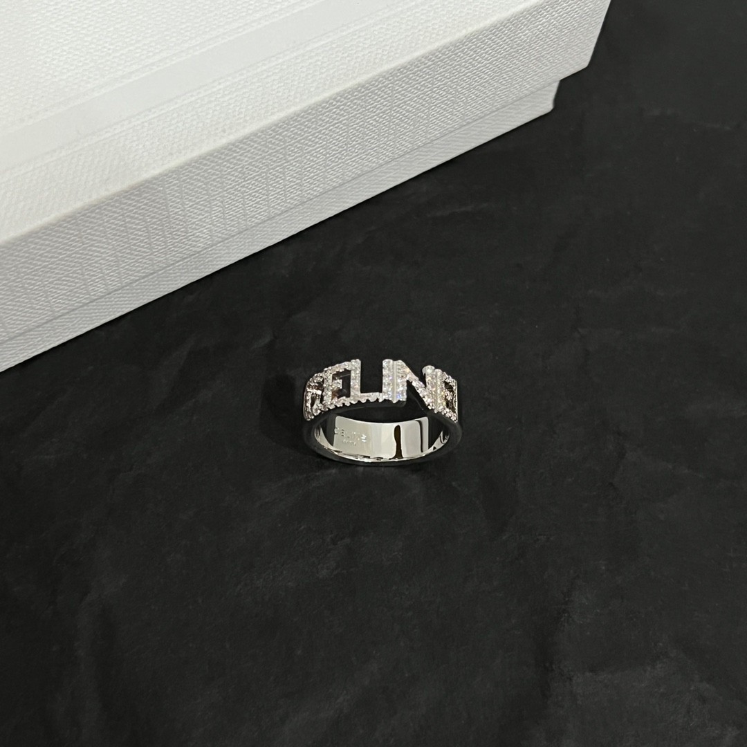 Celine Gold & Silver Logo Pave Crystal Embellished Wide Band Ring - KAIROO
