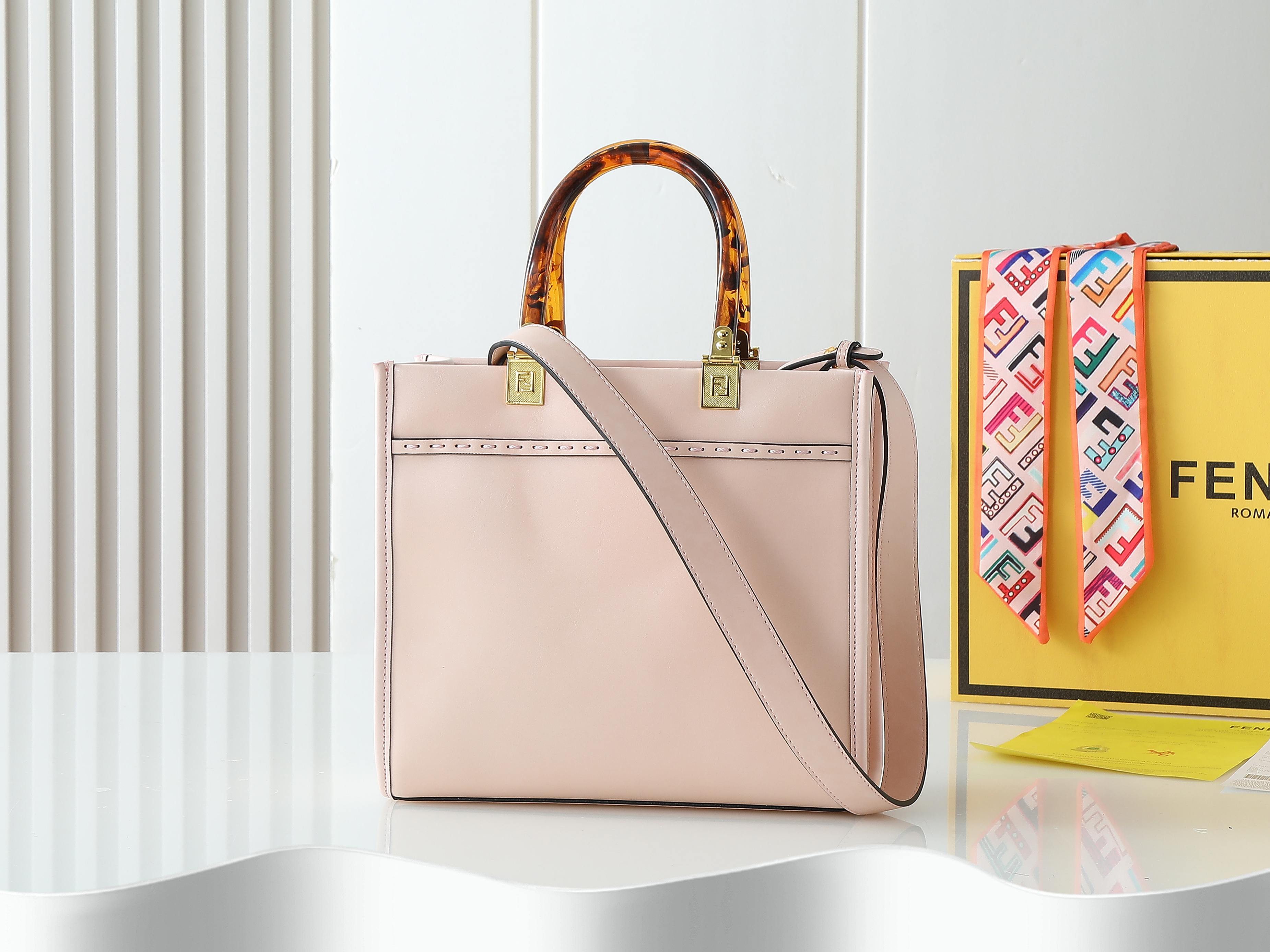 Fendi Light Pink Embossed Leather Tortoiseshell Handle Tote Bag - KAIROO