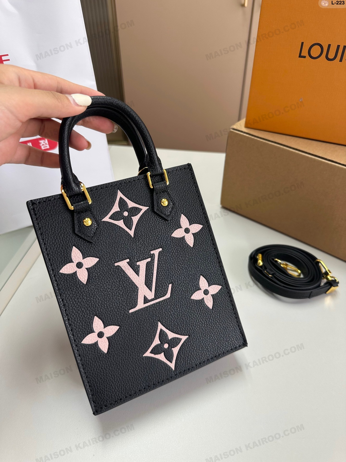 Louis Vuitton LV Petit Sac Plat Mini Black Pink Monogram Empreinte Leather Vertical Crossbody Tote Bag - KAIROO